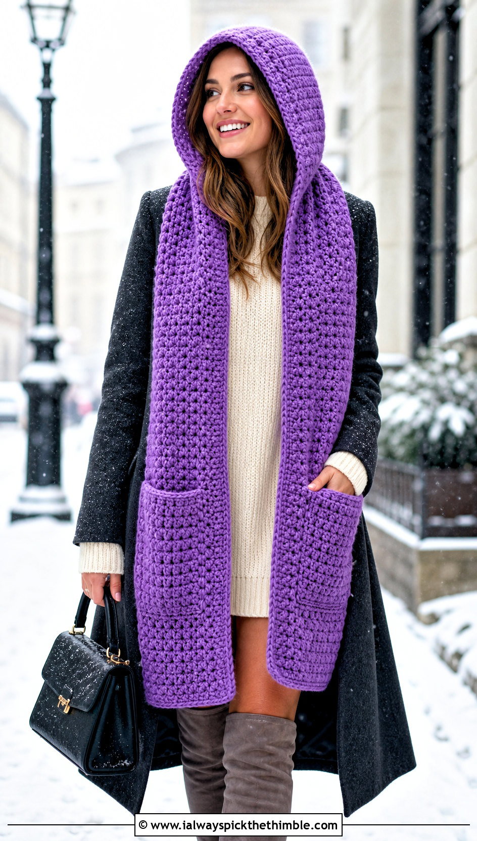 Hooded Pocket Crochet Scarf With Wool Coat - 20 super crochet scarf outfit ideas