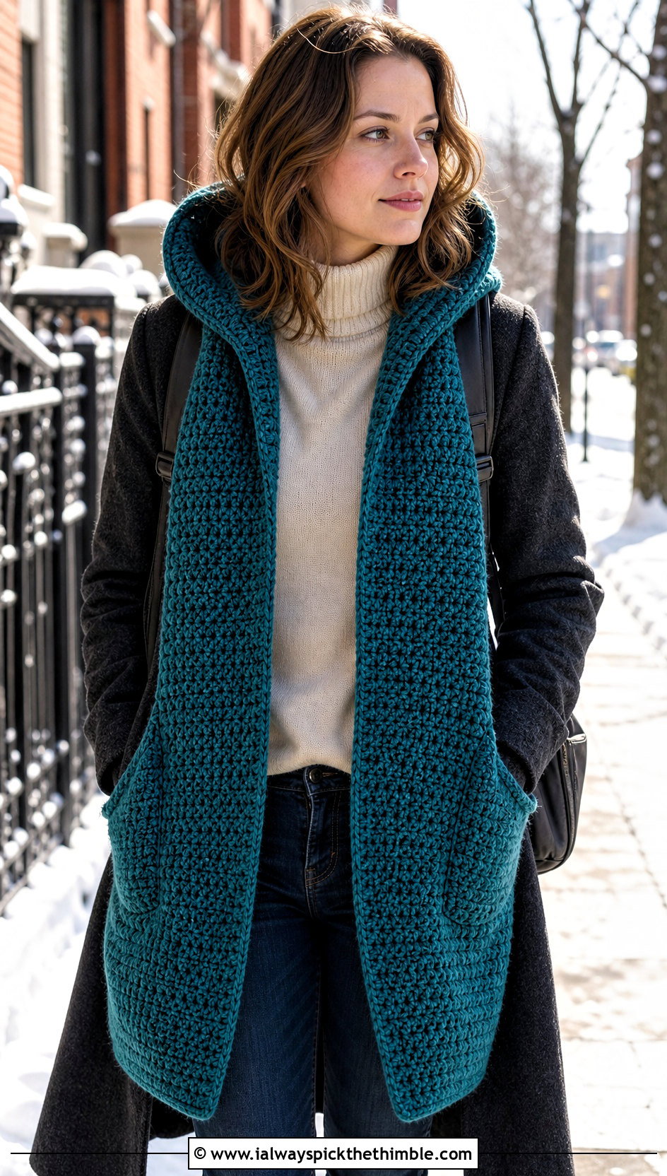 Hooded Pocket Crochet Scarf With Wool Coat - 25 crochet scarf outfit ideas