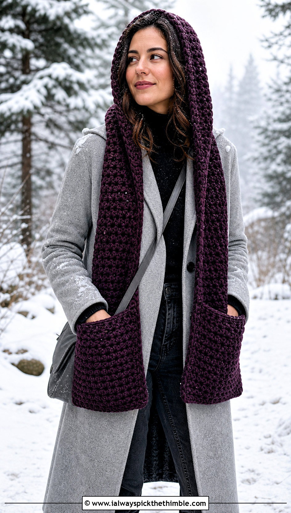Hooded Pocket Crochet Scarf With Wool Coat - 20 Beginner Crochet Projects Scarf outfit ideas