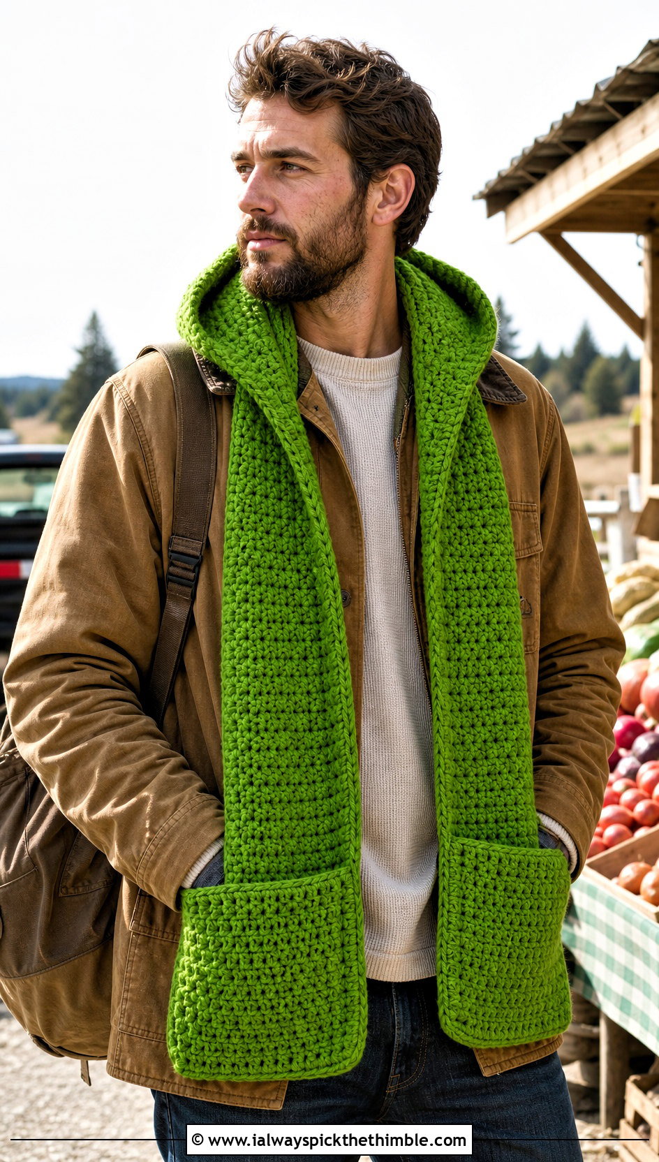 Hooded Pocket Crochet Scarf With Workwear Jacket - 20 male crochet scarf outfit ideas
