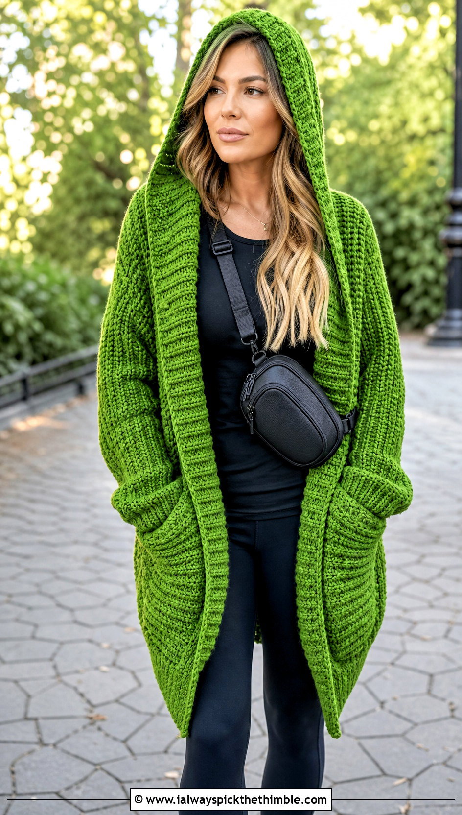 Hooded Pocket Crochet Shawl With Leggings And Sneakers - 15 Pocket Crochet Shawl outfit ideas