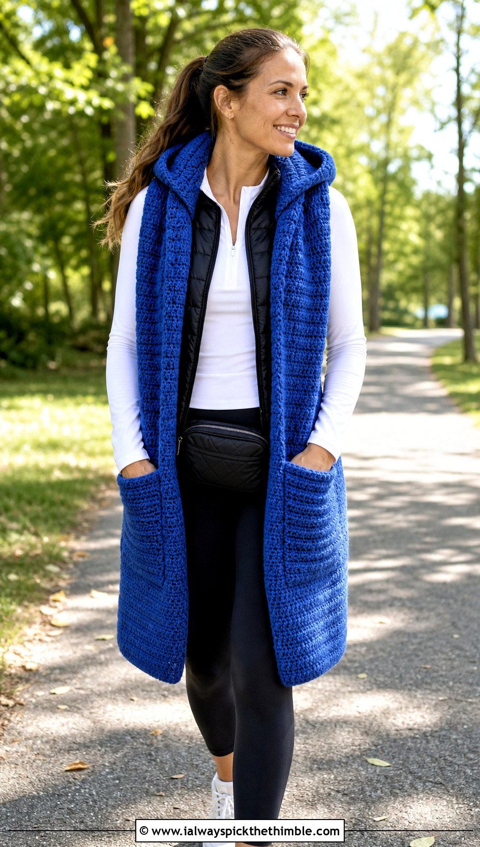Hooded Pocket Crochet Textured Scarf With Leggings - 20 Crochet Textured Scarf outfit ideas