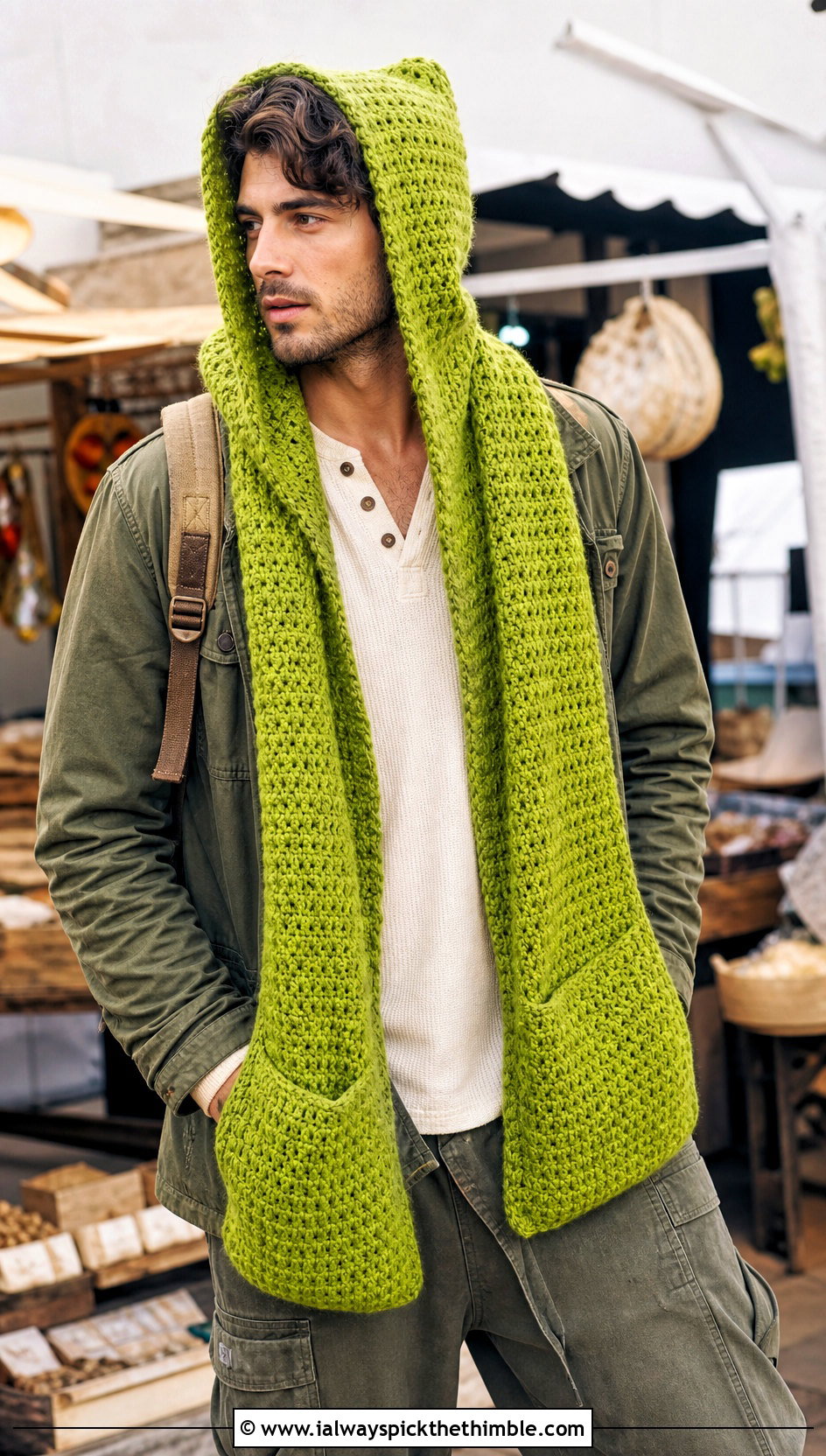 Hooded Pocket Crochet Unisex Scarf With Utility Jacket - 15 Crochet Unisex Scarf outfit ideas