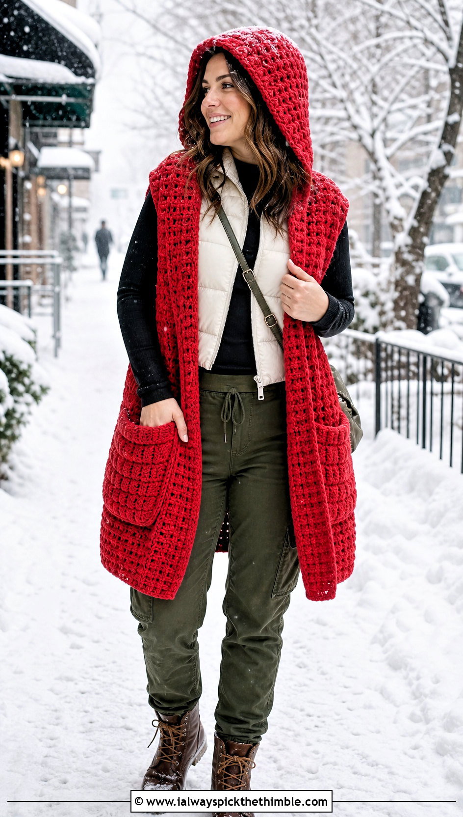 Hooded Pocket Crochet Winter Shawl With Cargo Pants - 15 Crochet Winter Shawl outfit ideas