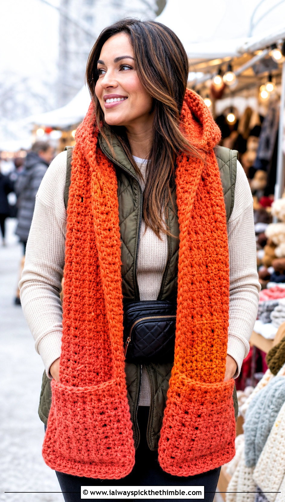 Hooded Pocket Gradient Crochet Scarf With Puffer Vest - 20 gradient crochet scarf outfit ideas