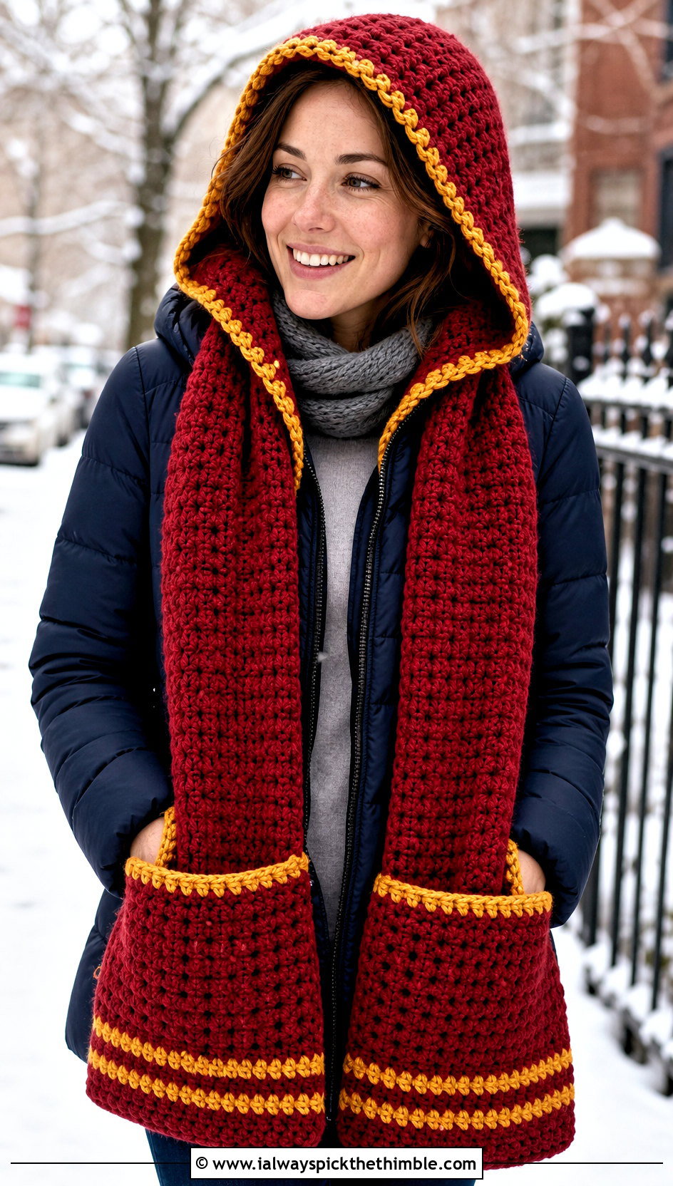 Hooded Pocket Gryffindor Crochet Scarf With Puffer Jacket - 20 gryffindor crochet scarf outfit ideas