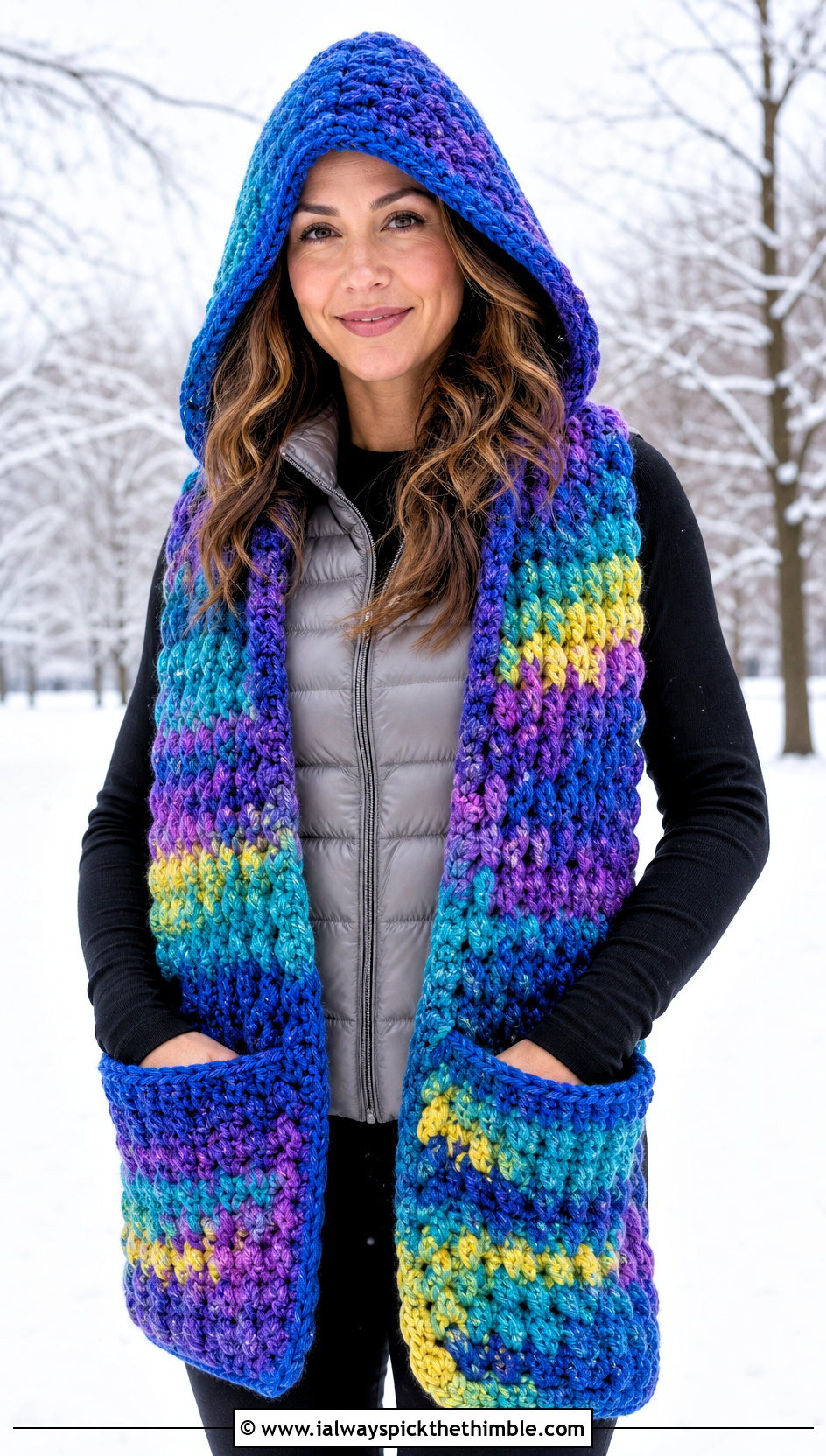 Hooded Pocket Mood Scarf With Puffer Vest - 15 Crochet Mood Scarf outfit ideas