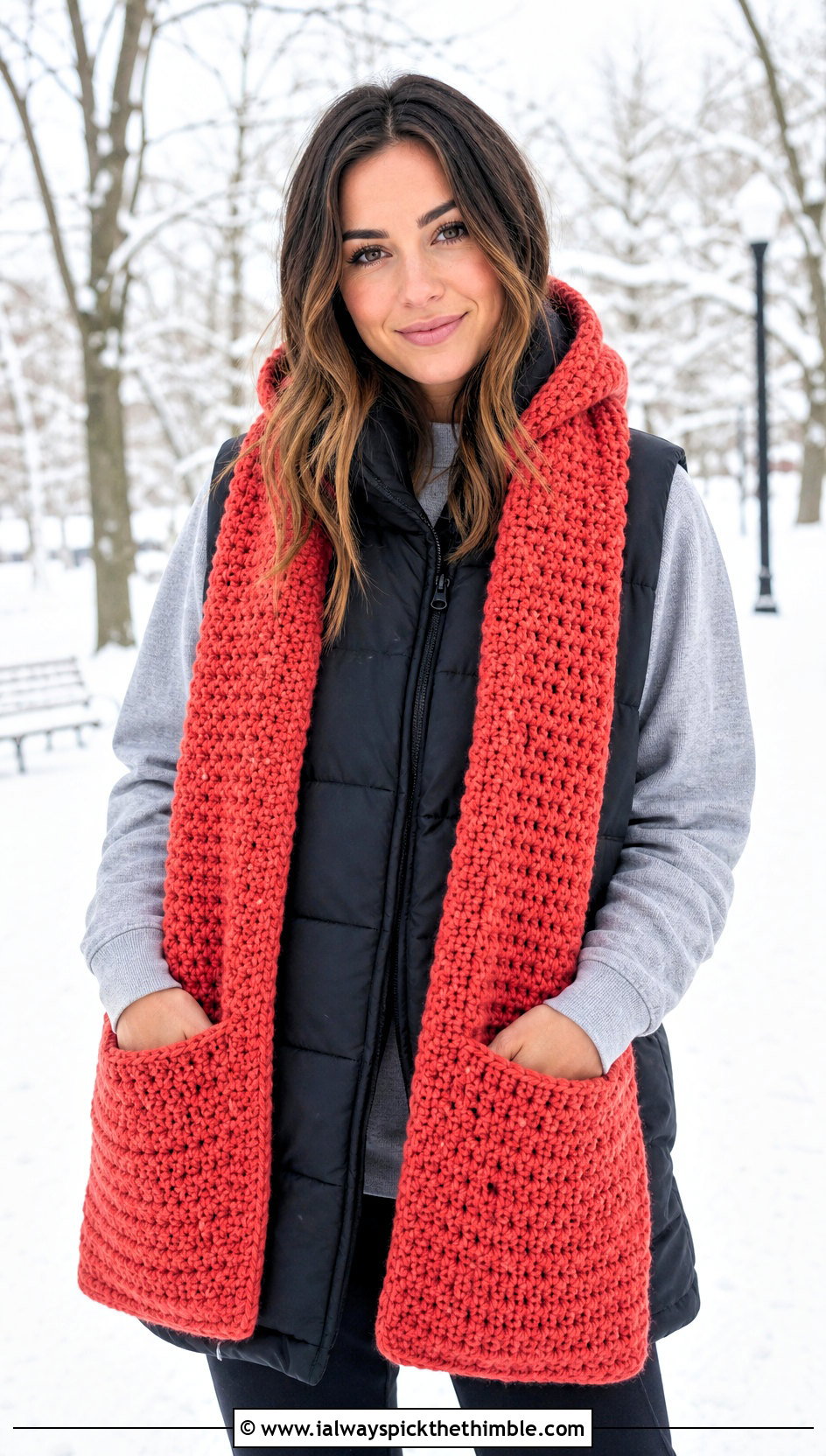 Hooded Pocket Red Crochet Scarf With Leggings - 20 taylor swift red crochet scarf outfit ideas