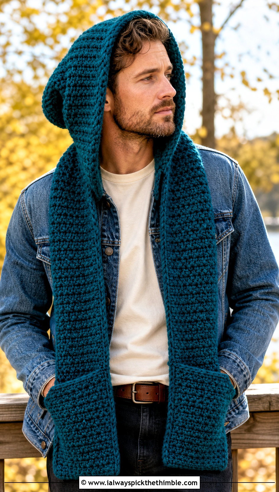 Hooded Pocket Scarf With Denim Jacket - 20 Crochet Hooded Scarf For Men outfit ideas