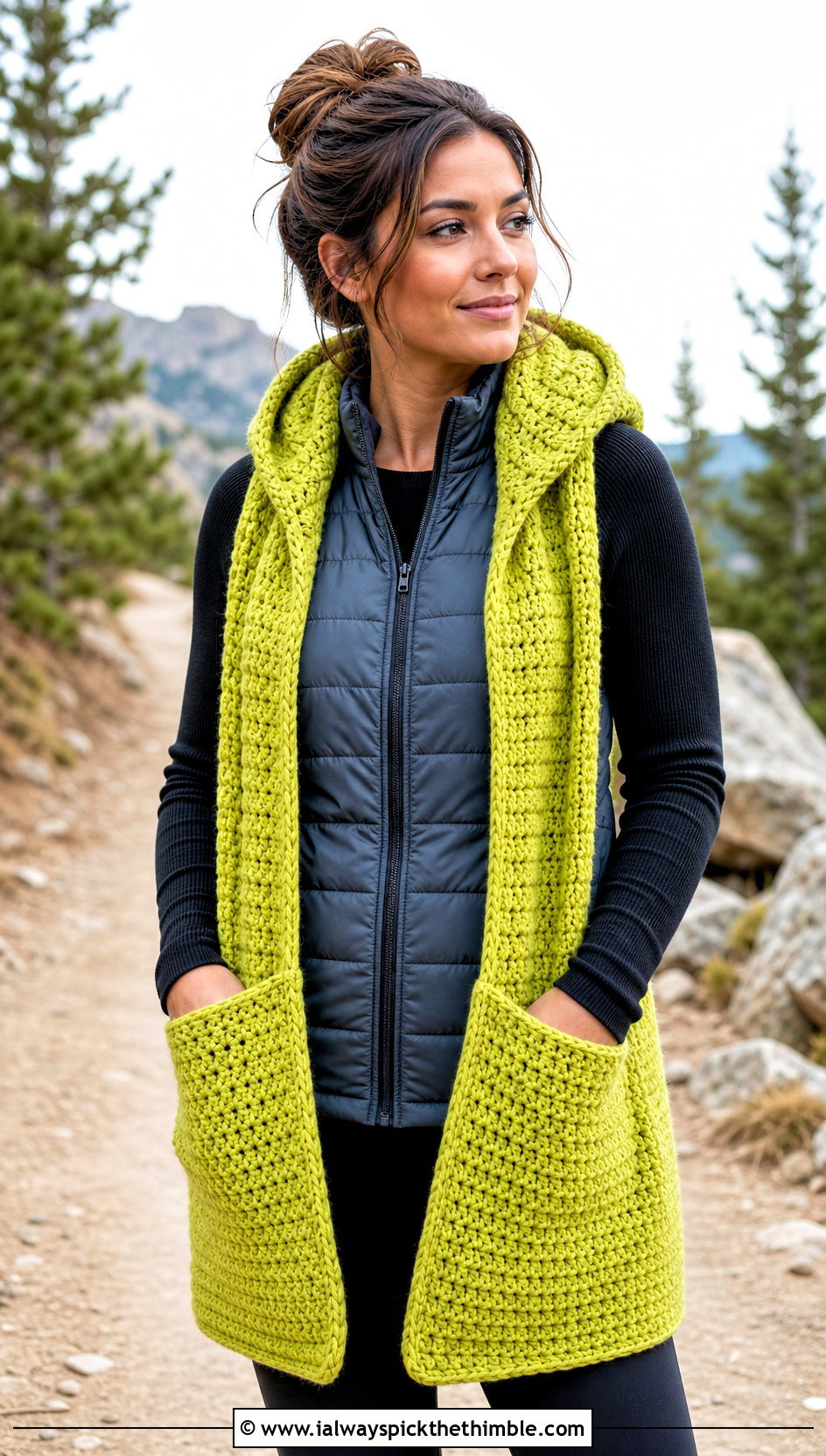 Hooded Pocket Scarf With Leggings And Puffer Vest - 20 crochet scarf with hood outfit ideas