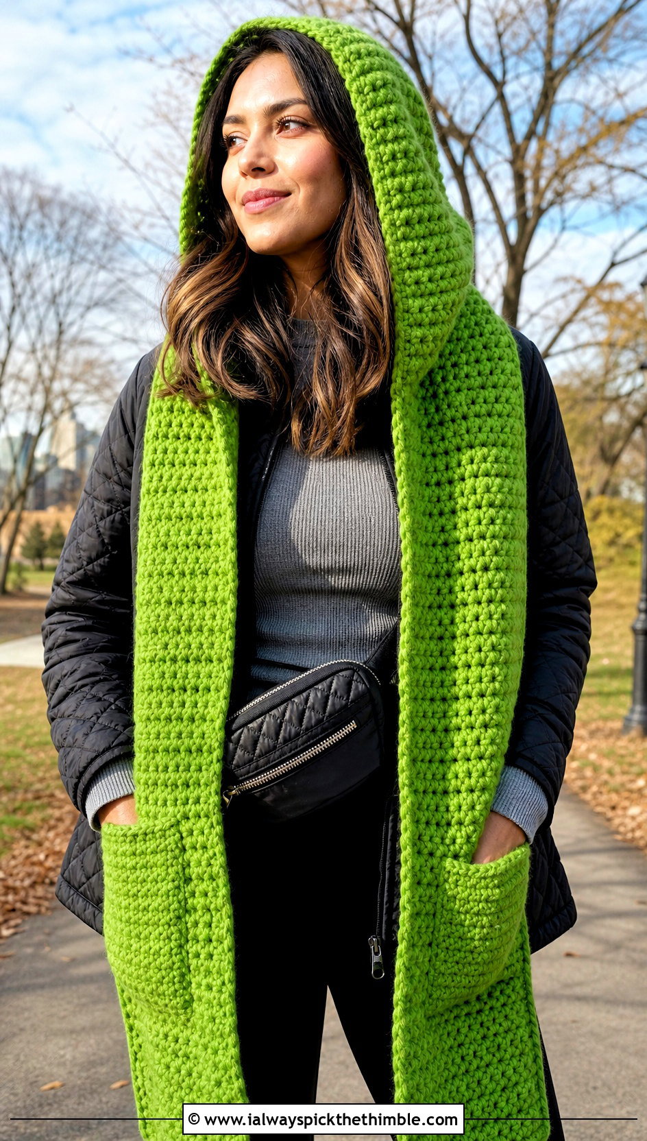Hooded Pocket Scarf With Leggings - 25 crochet scarf ideas