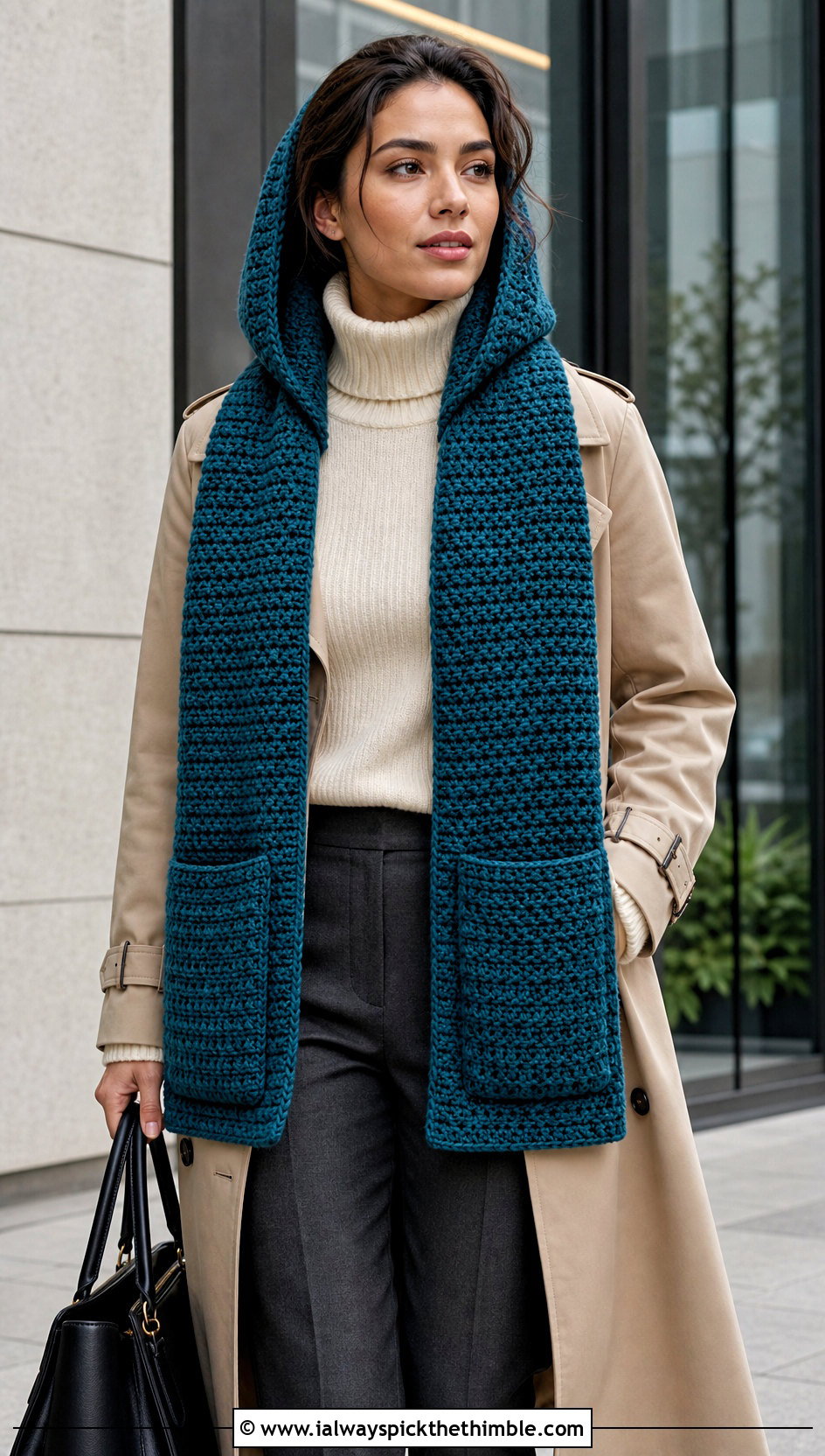 Hooded Pocket Scarf With Trench Coat - 20 crochet pocket scarves outfit ideas