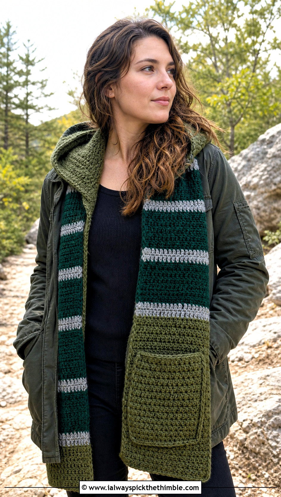 Hooded Pocket Slytherin Crochet Scarf With Utility Jacket - 20 slytherin crochet scarf outfit ideas