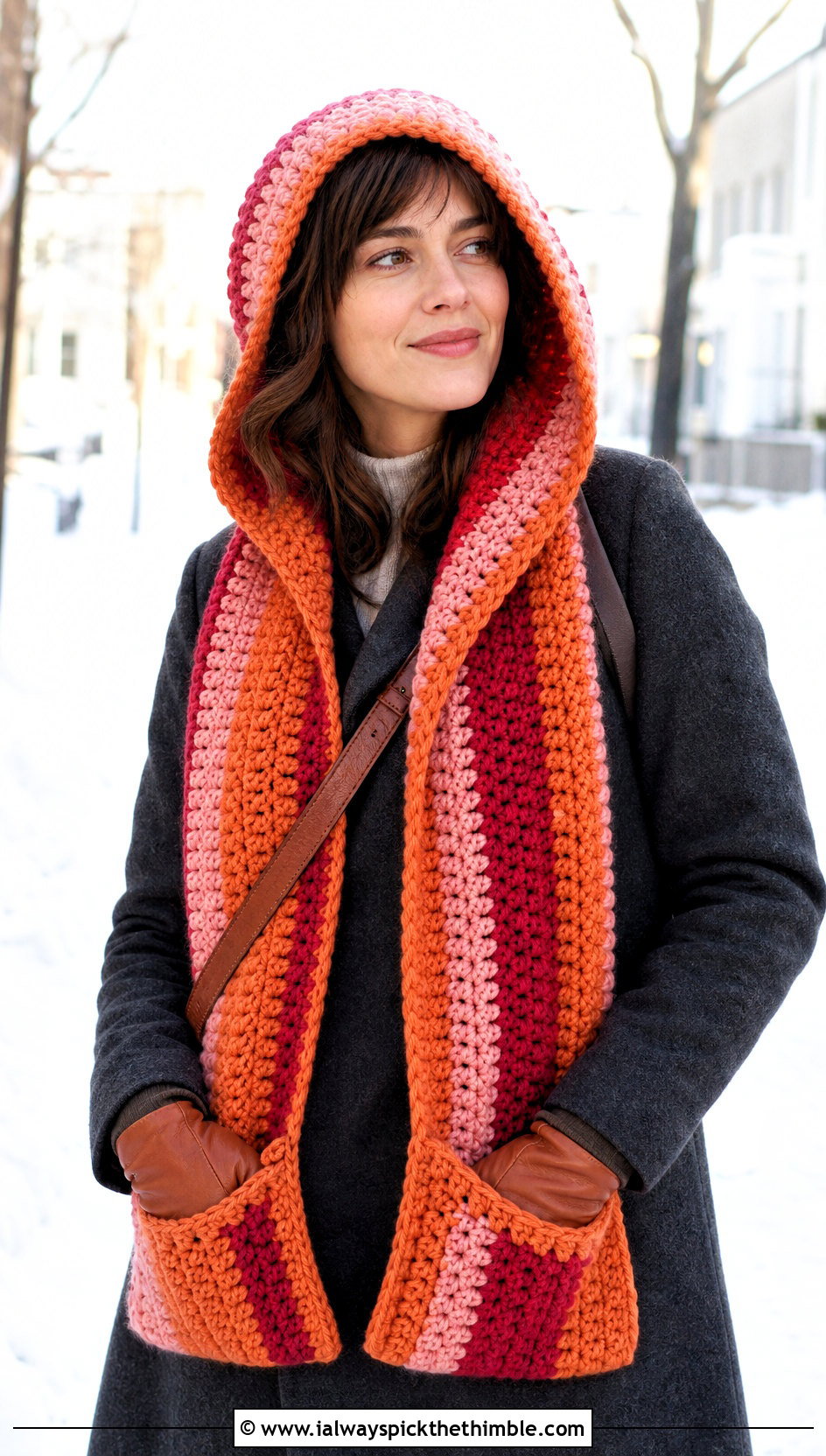 Hooded Pocket Stripe Crochet Scarf With Wool Coat - 20 Stripe Crochet Scarf outfit ideas