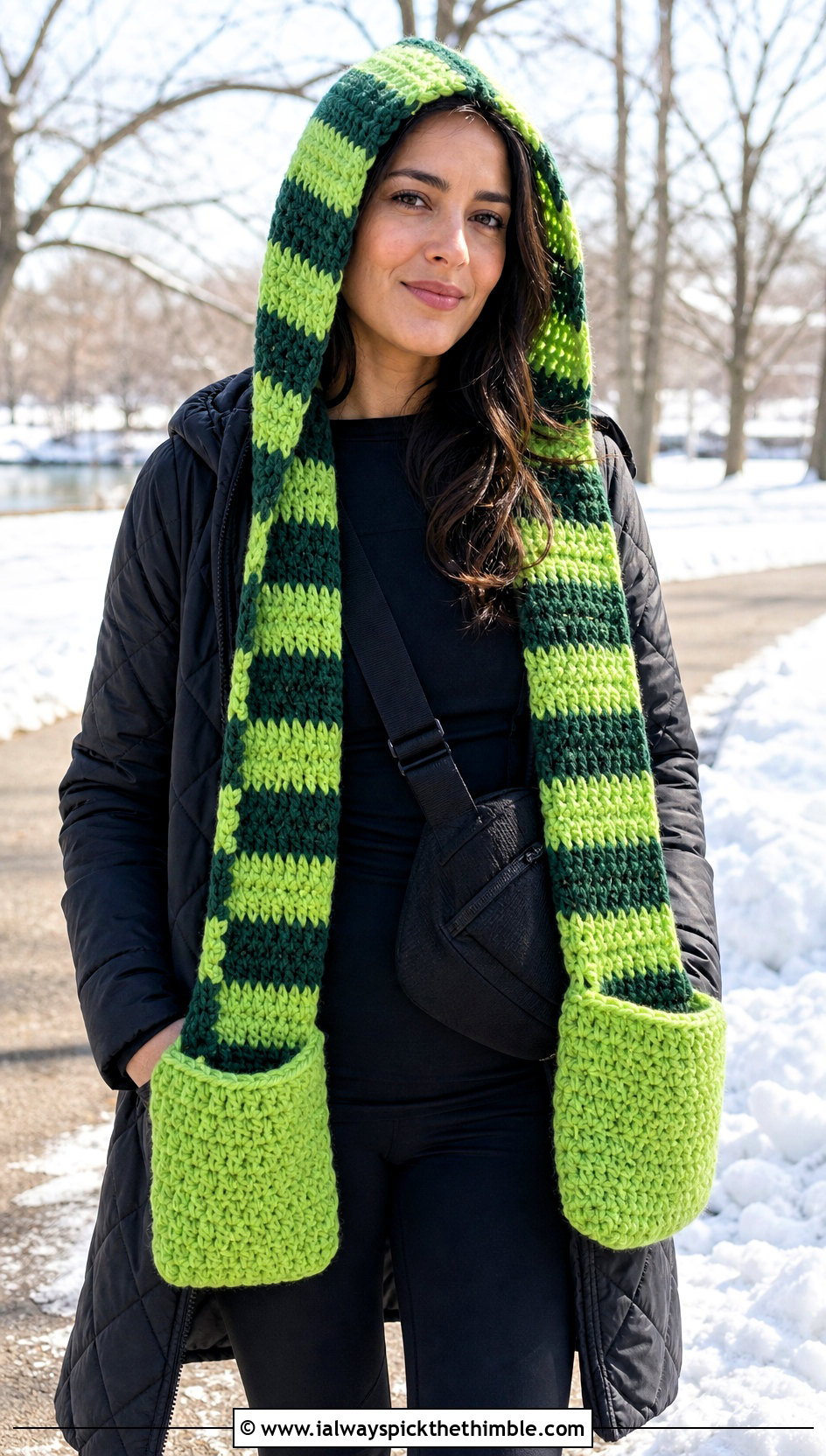 Hooded Pocket Striped Crochet Scarf With Leggings - 20 crochet striped scarf outfit ideas