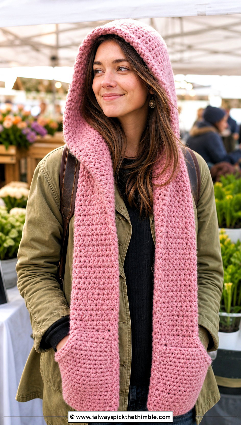 Hooded Pocket Thick Crochet Scarf With Utility Jacket - 15 Thick Crochet Scarf outfit ideas
