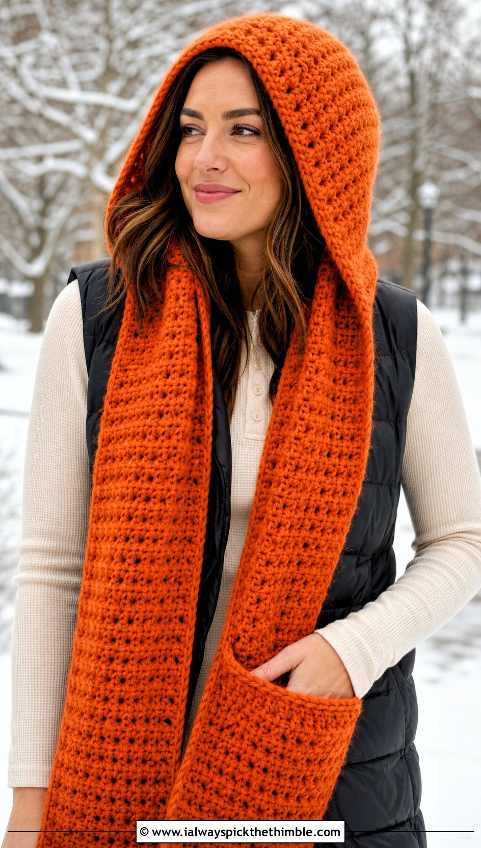 Hooded Pocket Wool Ease Crochet Scarf With Puffer Vest - 15 wool ease crochet scarf outfit ideas