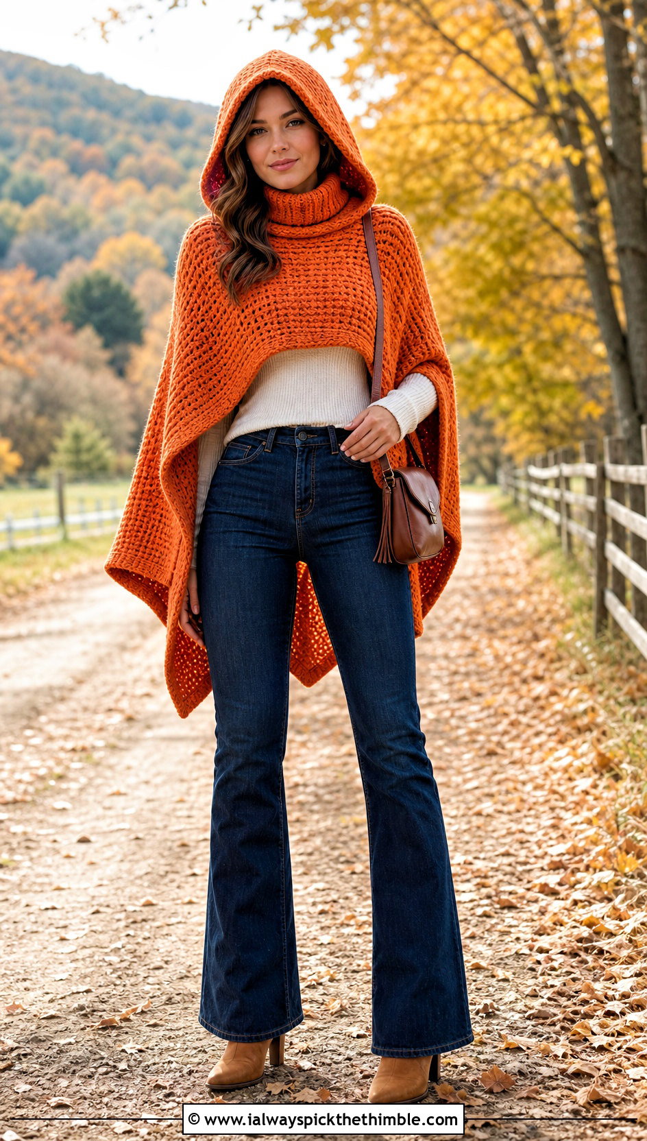 Hooded Poncho Crochet Turtleneck Hoodie With Flared Jeans - 25 crochet turtleneck hoodie outfit ideas
