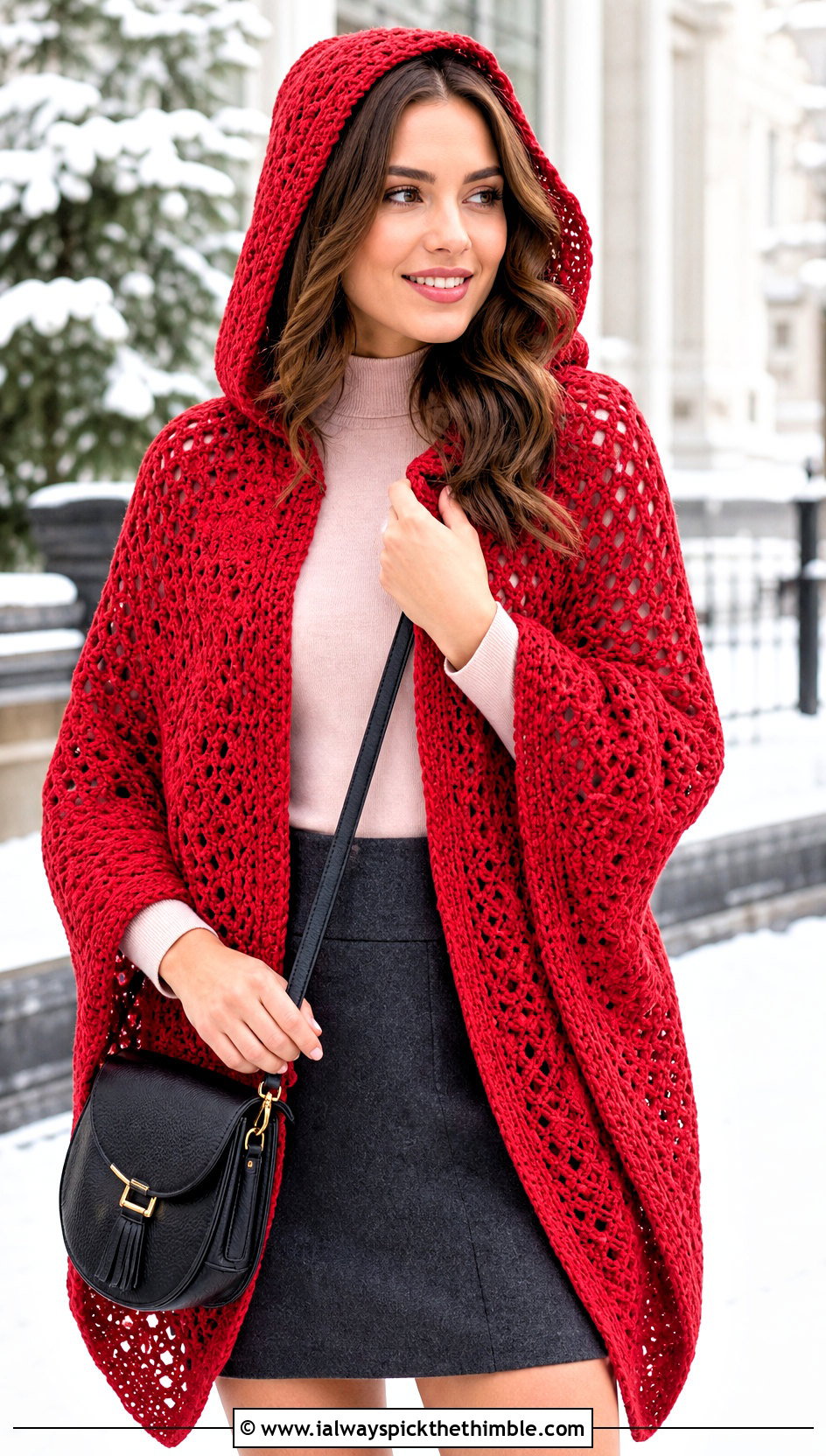 Hooded Poncho Shawl With Mini Skirt And Tall Boots - 25 crochet hooded shawl outfit ideas