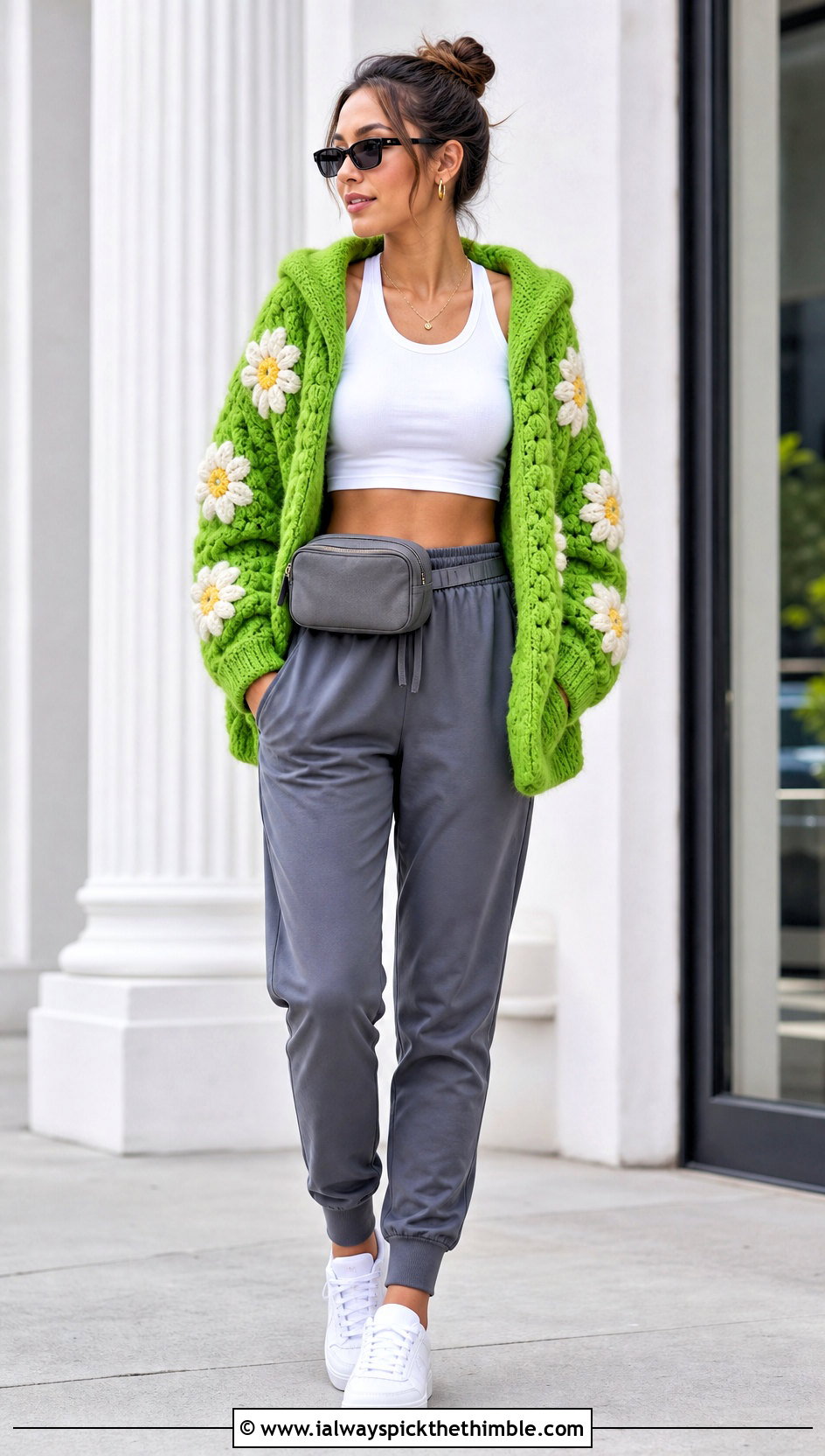 Hooded Puff Flower Crochet Cardigan With Joggers - 20 puff flower crochet cardigan outfit ideas