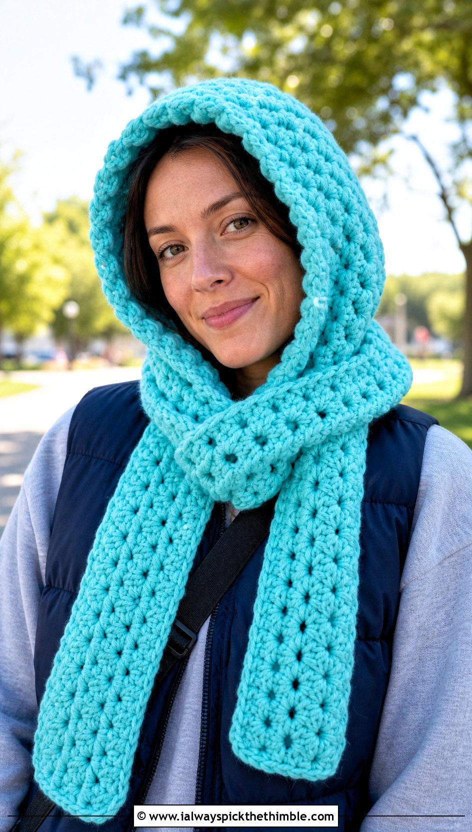 Hooded Puff Scarf With Puffer Vest - 15 Playful Puffs Crochet Scarf outfit ideas