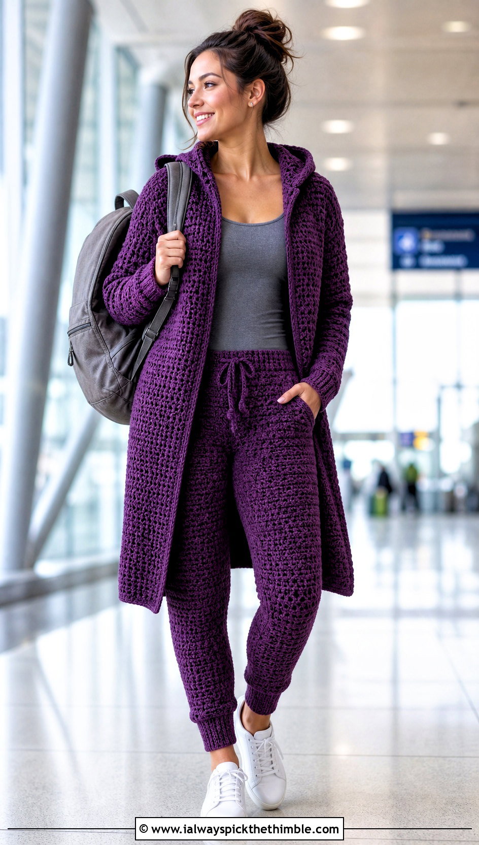 Hooded Purple Crochet Cardigan With Joggers - 25 purple crochet cardigan outfit ideas