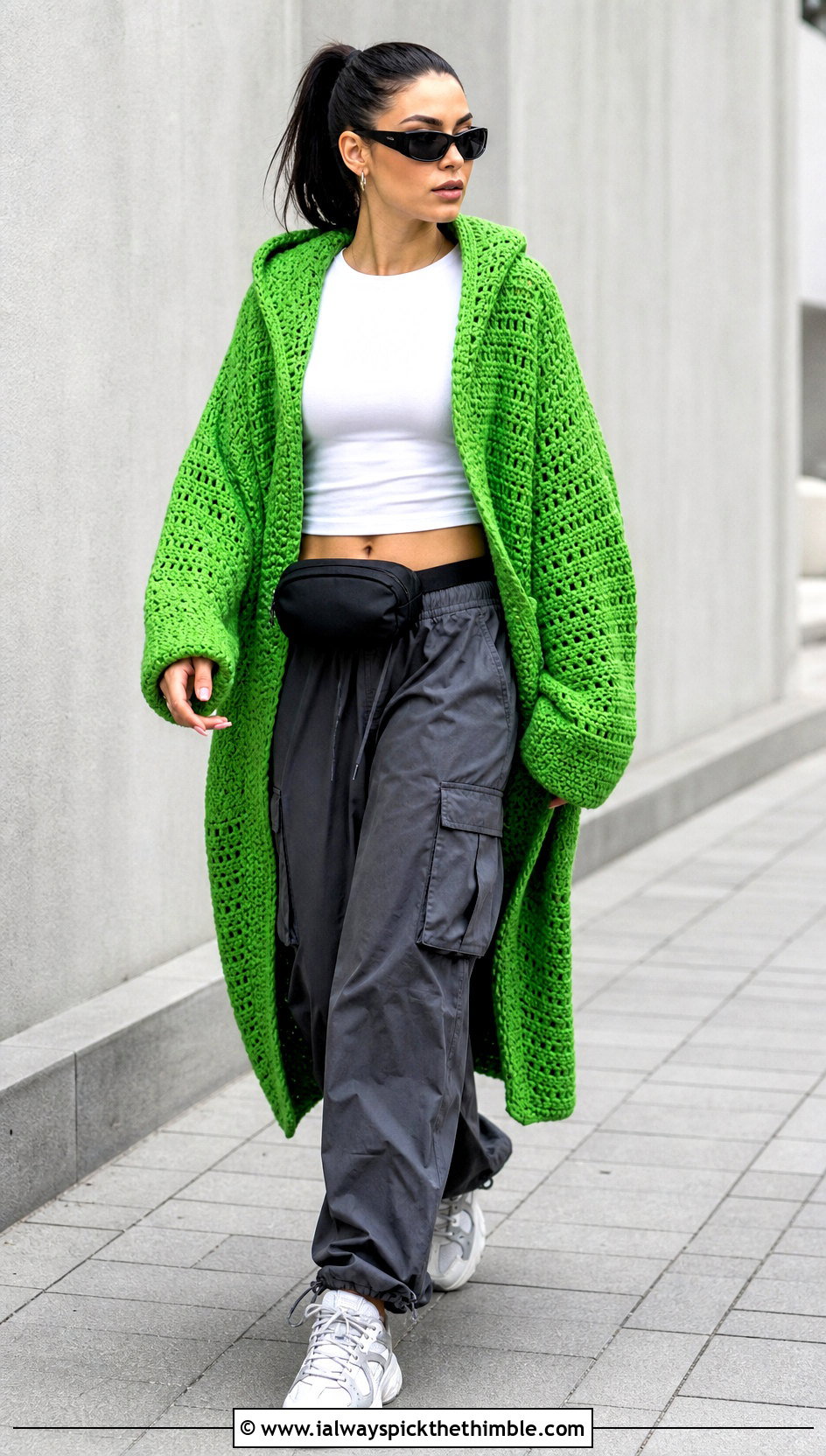 Hooded Rectangle Cardigan With Cargo Pants - 15 Crochet Rectangle Cardigan outfit ideas