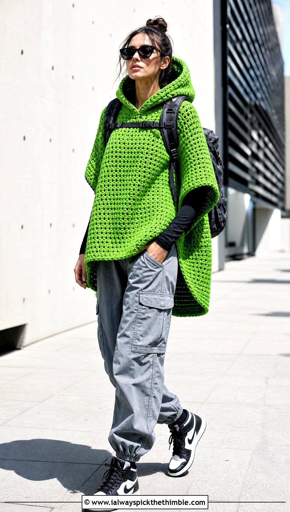 Hooded Rectangle Crochet Poncho With Cargo Pants - 15 Easy Crochet Poncho From A Rectangle outfit ideas