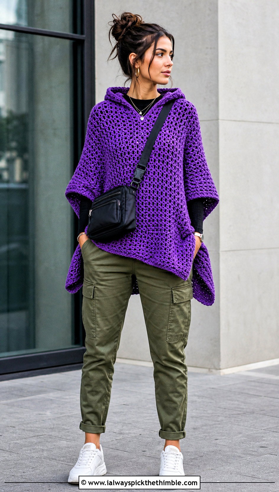 Hooded Rectangle Poncho With Cargo Pants - 20 crochet rectangle poncho outfit ideas