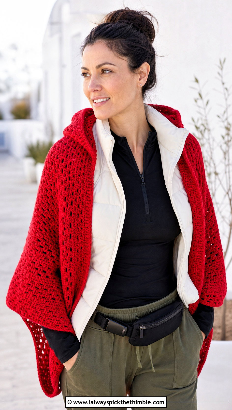 Hooded Red Crochet Shawl With Puffer Vest And Joggers - 15 red crochet shawl outfit ideas