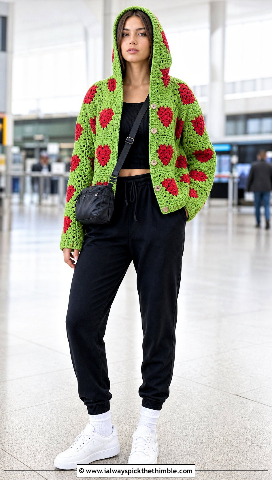 Hooded Red Heart Granny Square Cardigan With Joggers - 15 red heart granny square cardigan outfit ideas