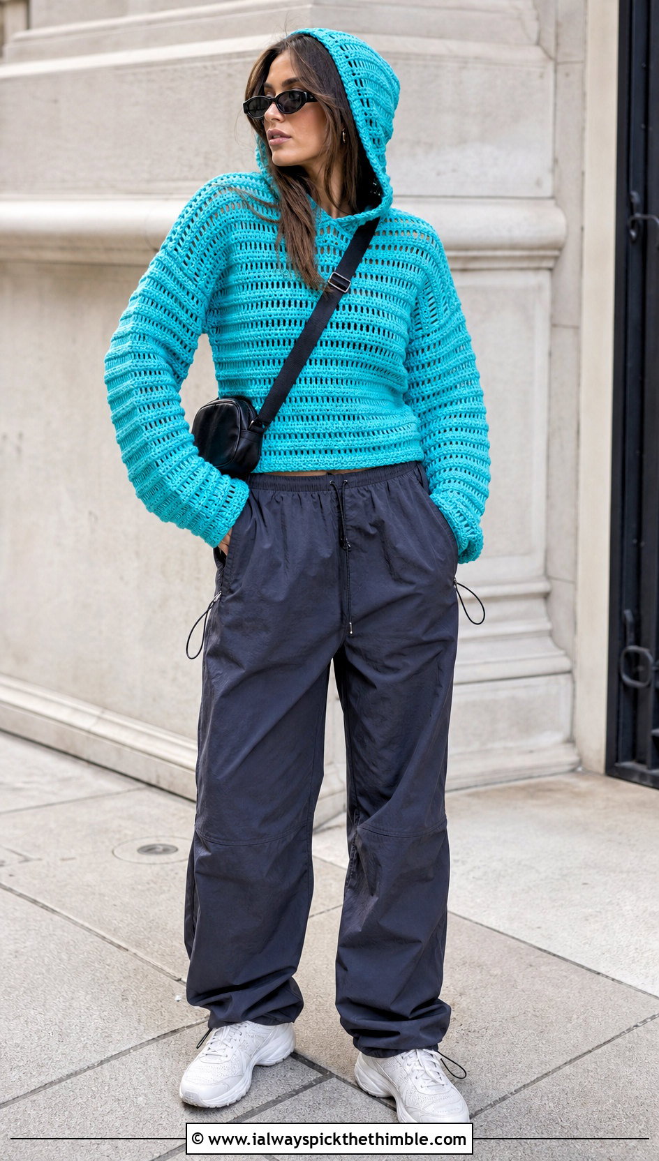 Hooded Ribbed Crochet Sweater With Parachute Pants - 20 Ribbed Crochet Sweater outfit ideas