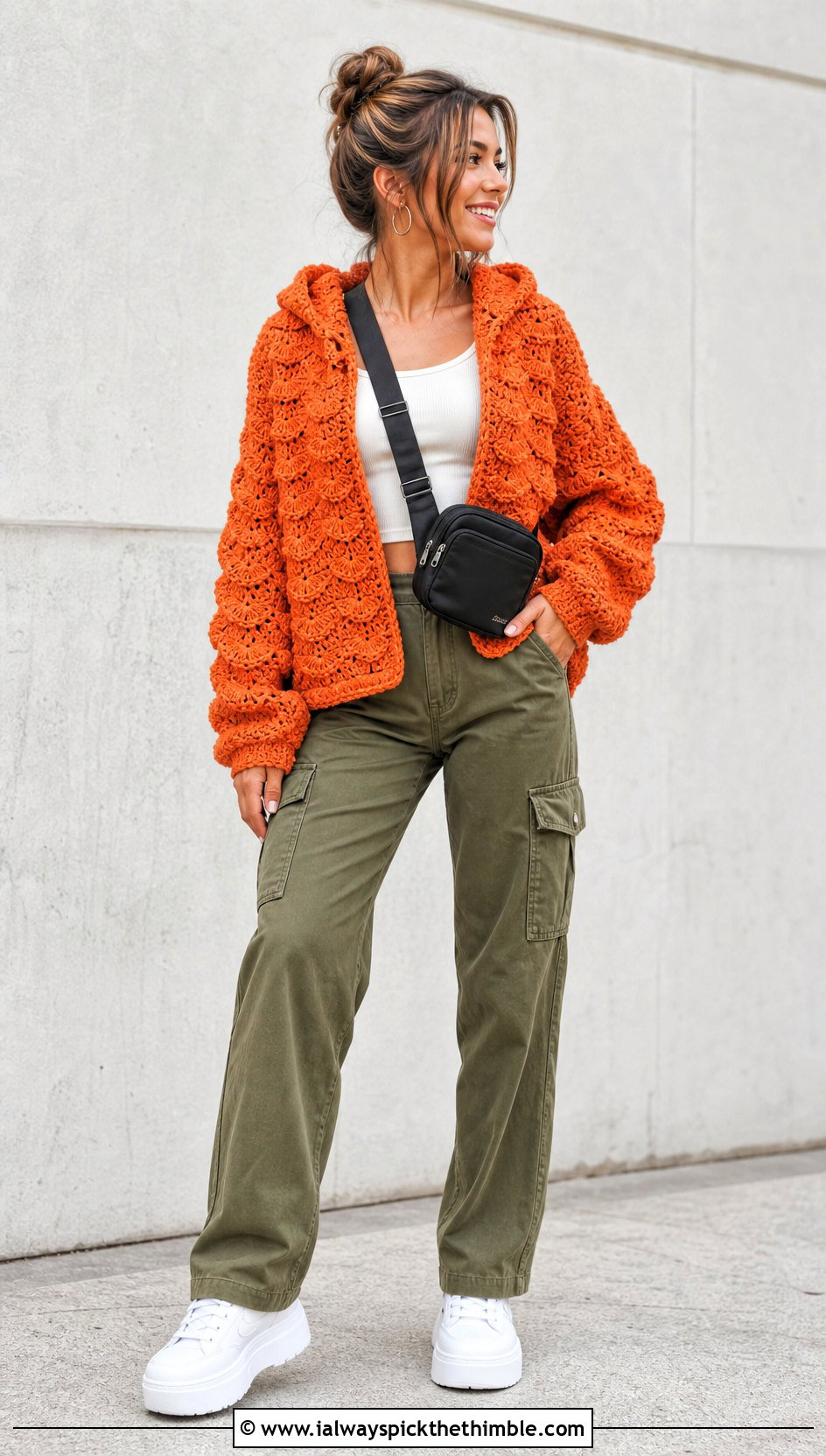 Hooded Ripple Stitch Sweater With Cargo Pants - 20 Crochet Ripple Stitch Sweater outfit ideas