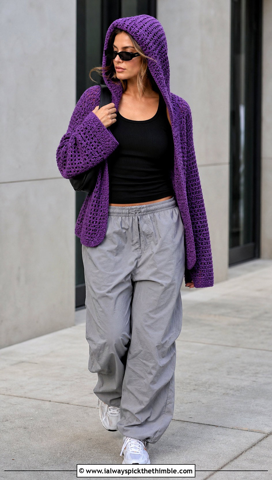 Hooded Riverbed Crochet Cardigan With Parachute Pants - 20 riverbed crochet cardigan outfit ideas