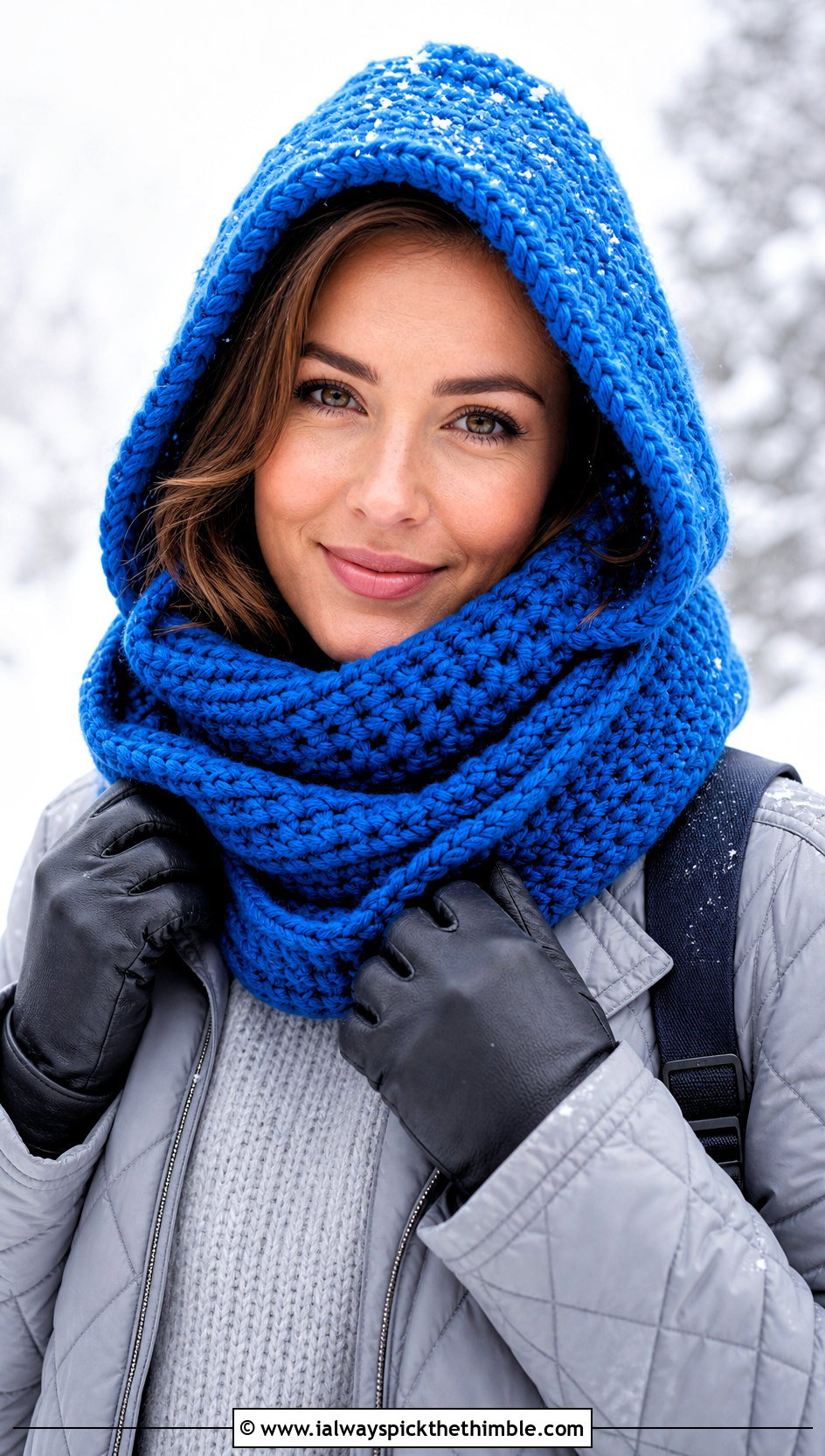 Hooded Roll Up Scarf With Quilted Coat And Knit Pants - 20 Crochet Roll Up Scarf outfit ideas