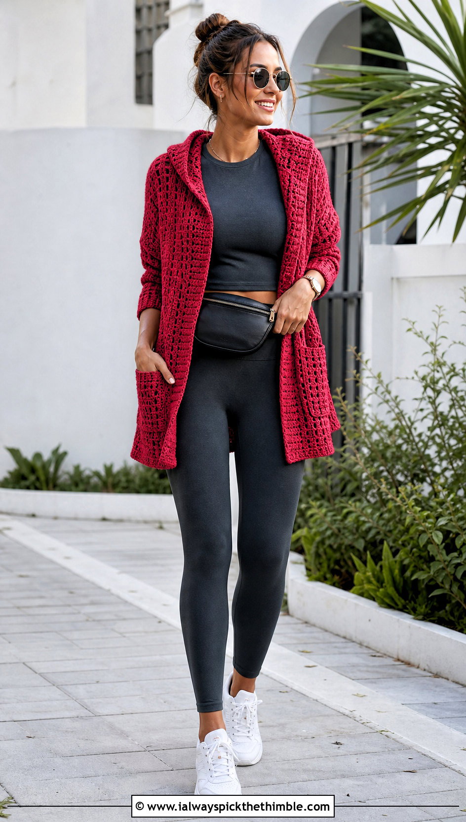 Hooded Round Crochet Cardigan With Leggings - 25 round crochet cardigan outfit ideas