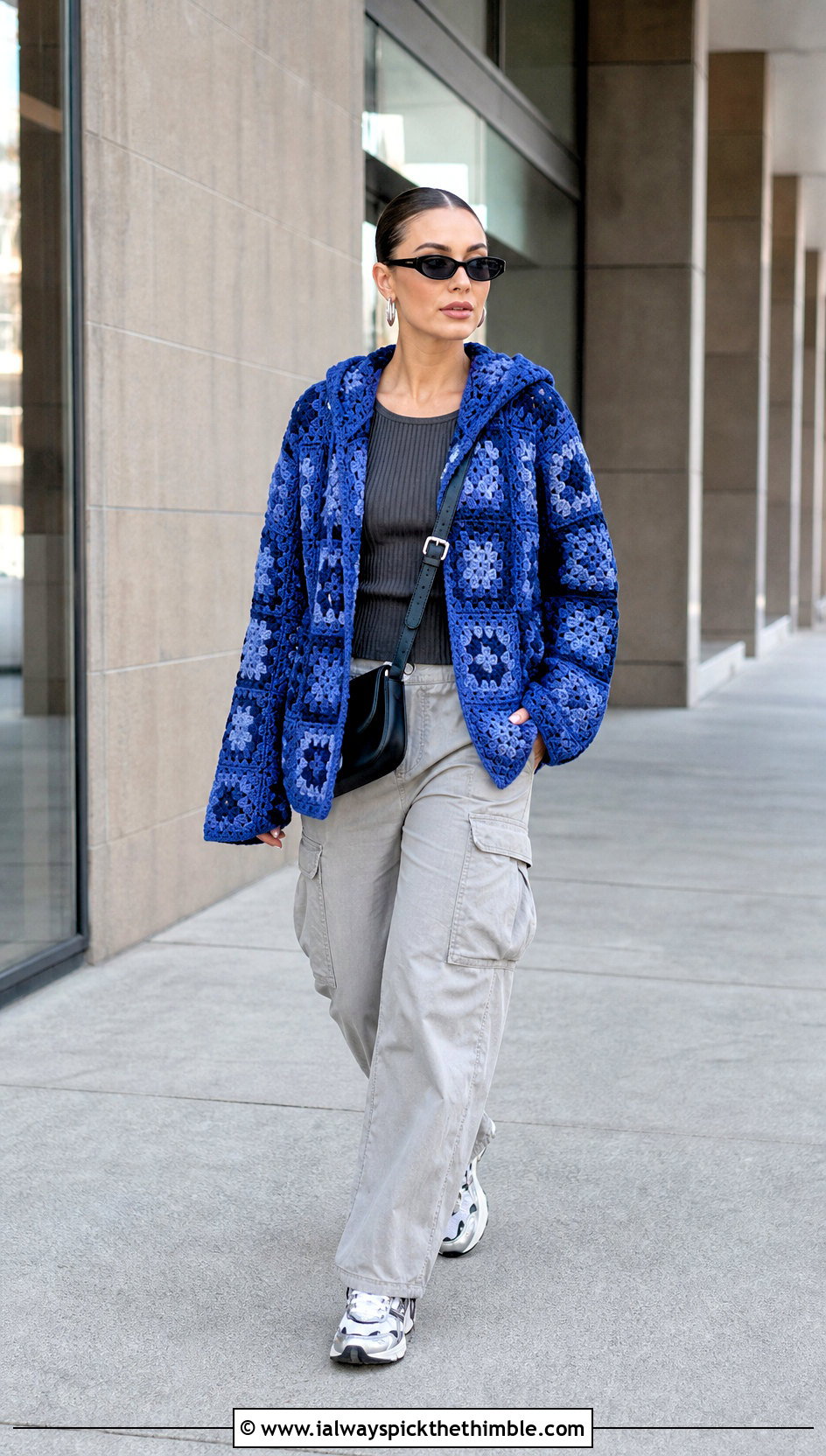 Hooded Royal Blue Granny Square Cardigan With Cargo Pants - 20 blue granny square cardigan outfit ideas