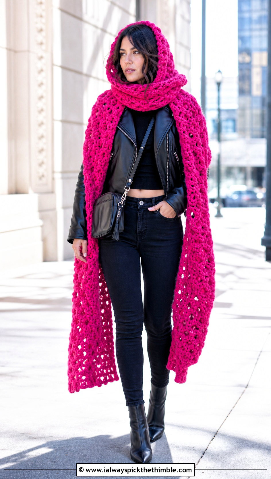 Hooded Scarf Crochet Cape With Biker Jacket - 25 crochet hooded cape outfit ideas