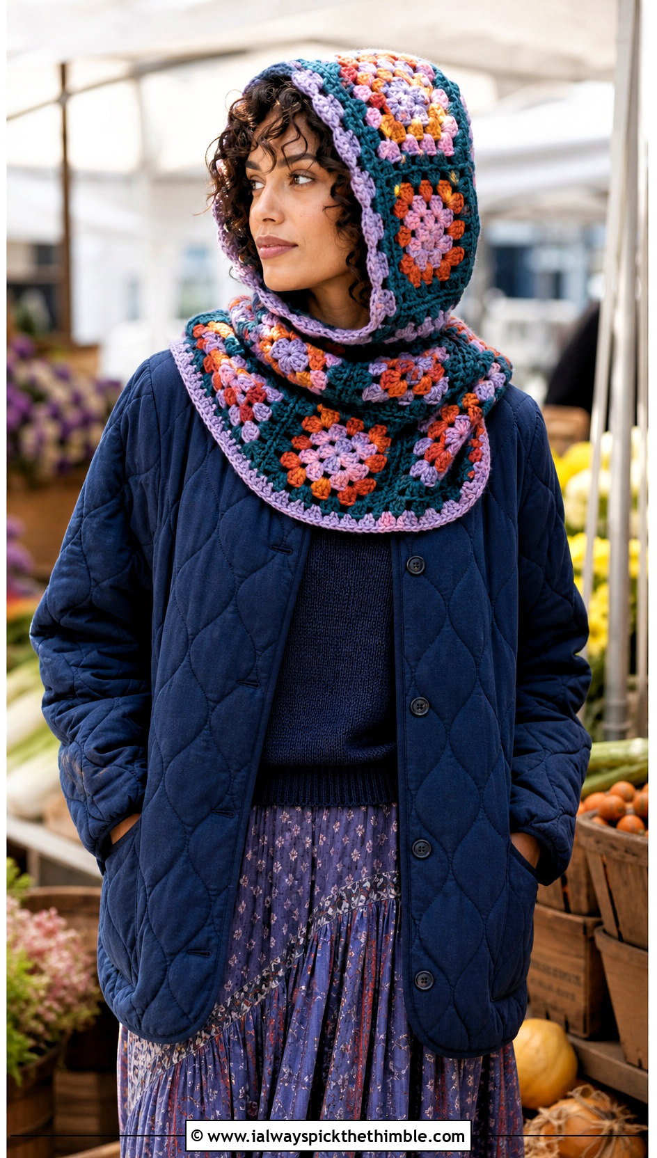 Hooded Scarf Granny Square Balaclava With Quilted Jacket And Maxi Skirt - 25 granny square balaclava outfit ideas
