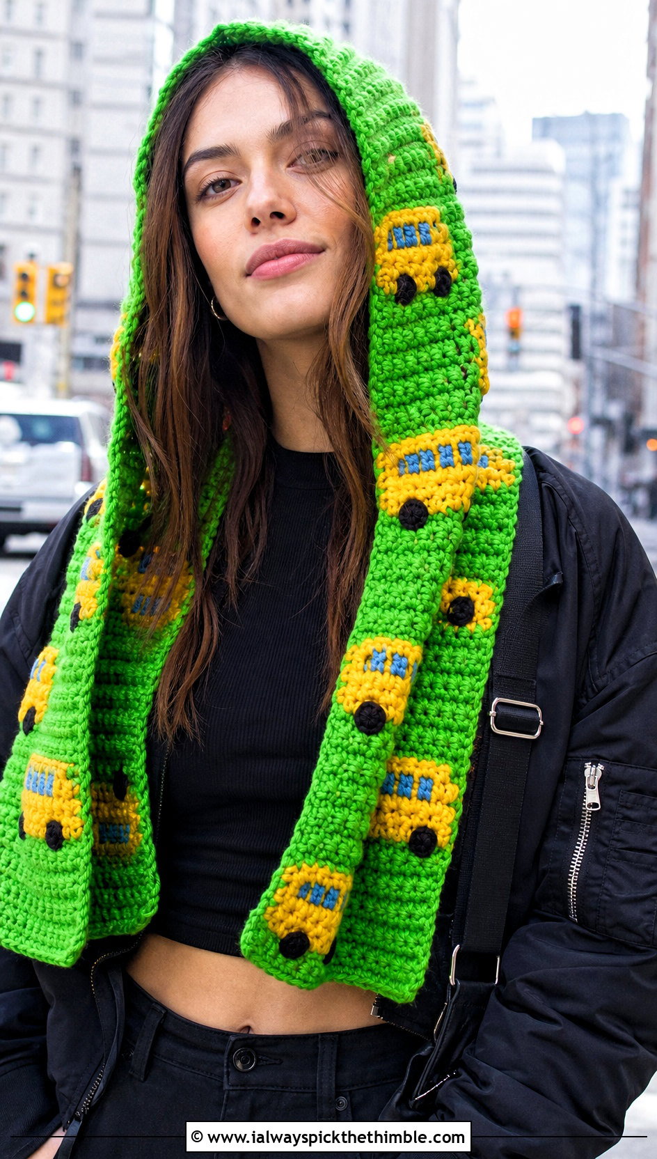 Hooded School Bus Scarf With Cargo Pants - 20 Crochet School Bus Scarf outfit ideas