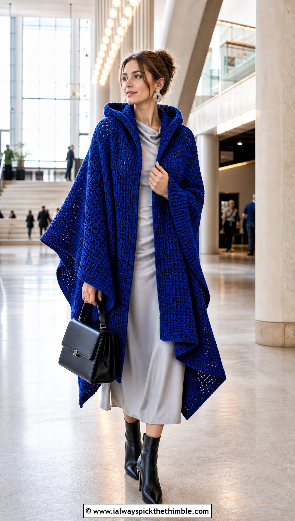 Hooded Shawl Crochet Hoodie Blanket With Column Dress - 20 crochet hoodie blanket outfit ideas