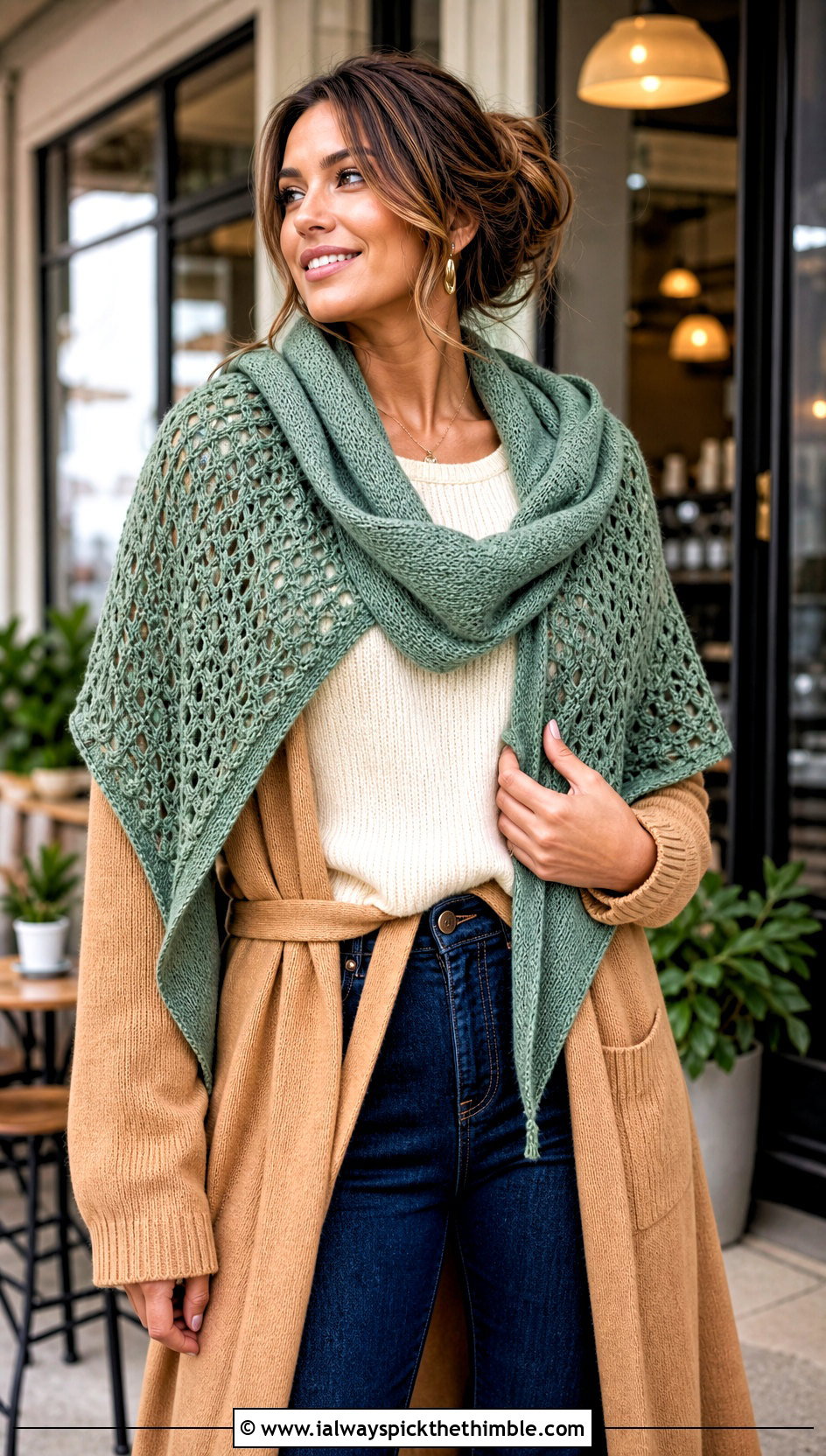 Hooded Shawl Scarf With Belted Cardigan And Flare Jeans - 25 crochet hooded scarf outfit ideas