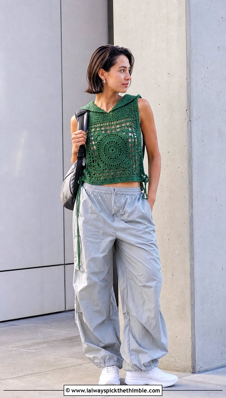 Hooded Single Granny Square Top With Parachute Pants - 20 single granny square top outfit ideas
