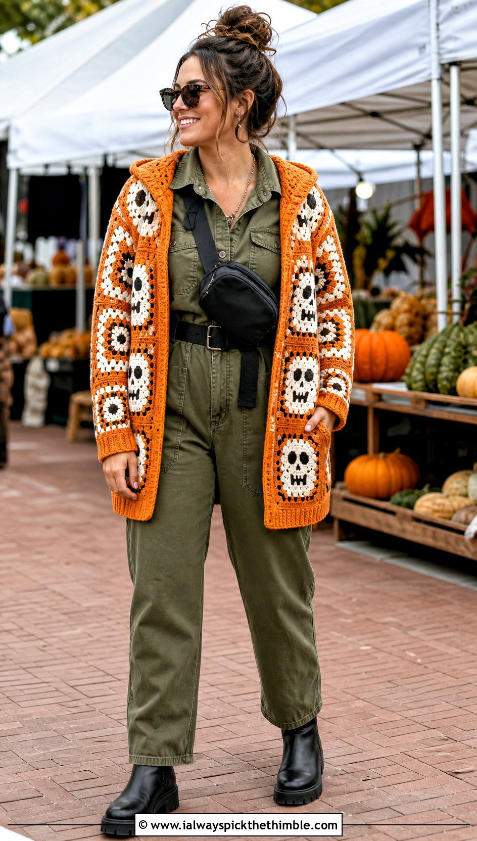 Hooded Skull Granny Square Cardigan With Utility Jumpsuit - 20 skull granny square cardigan outfit ideas