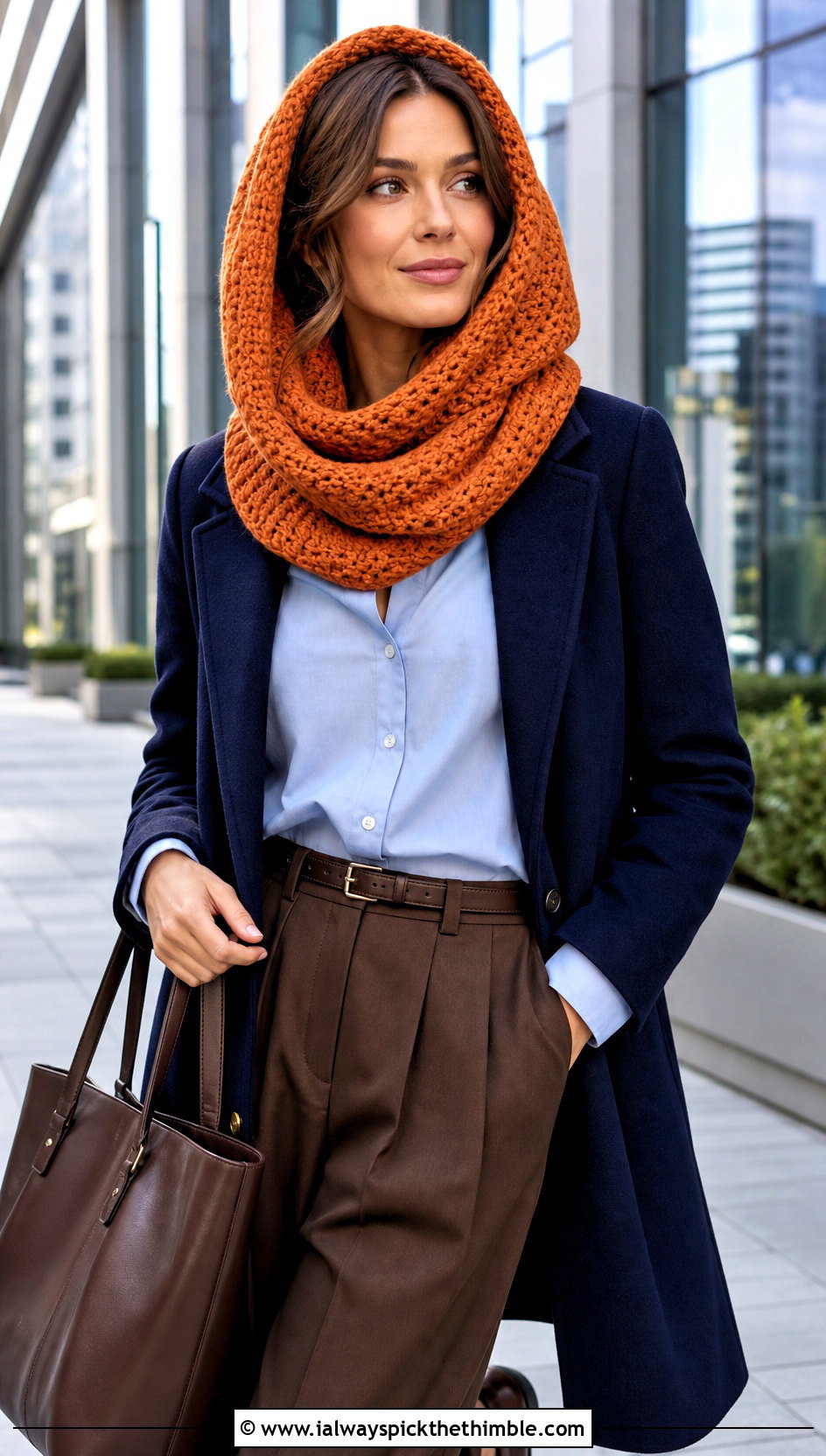 Hooded Snood Scarf With Tailored Trousers - 25 crochet hood scarf outfit ideas