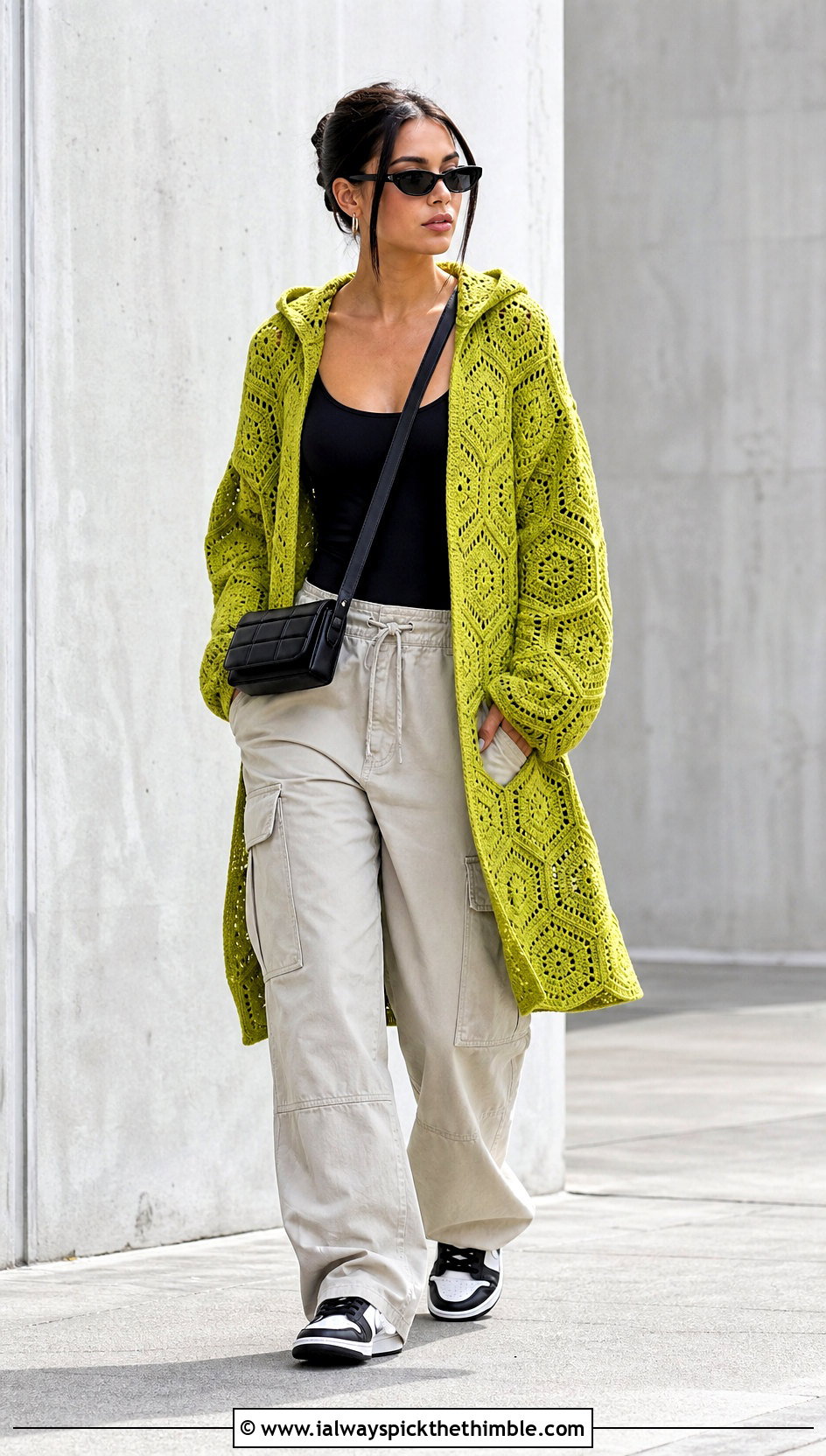 Hooded Solid Hexagon Cardigan With Cargo Pants - 20 crochet solid hexagon cardigan outfit ideas