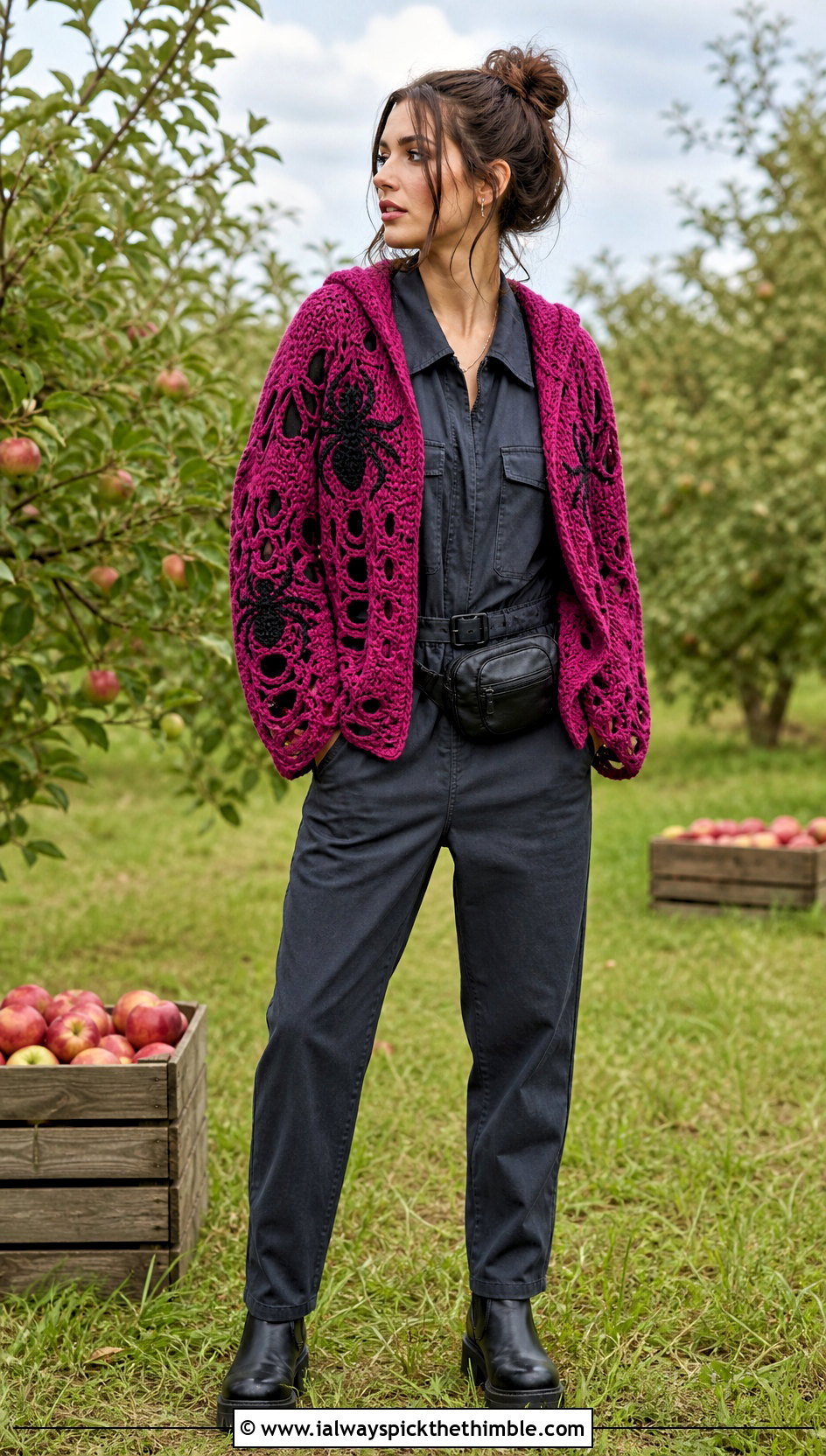 Hooded Spider Spooky Crochet Sweater With Utility Jumpsuit - 15 Spooky Crochet Sweater outfit ideas