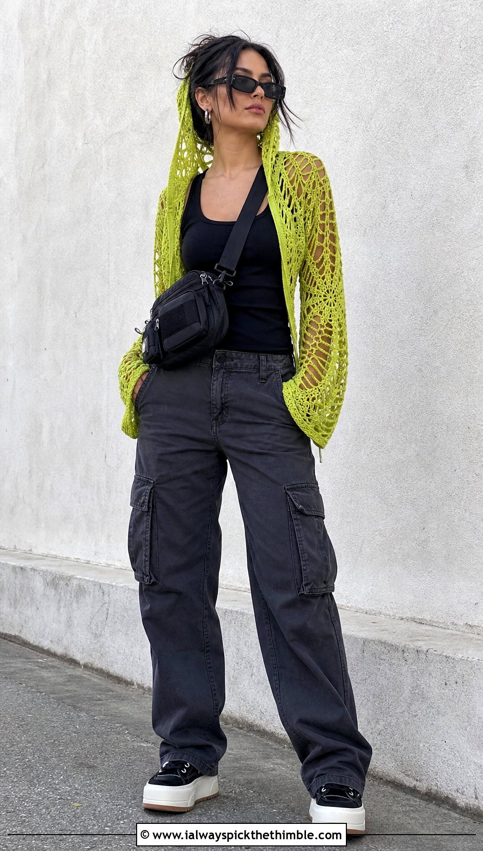 Hooded Spider Web Cardigan With Cargo Pants - 20 Crochet Spider Web Cardigan outfit ideas