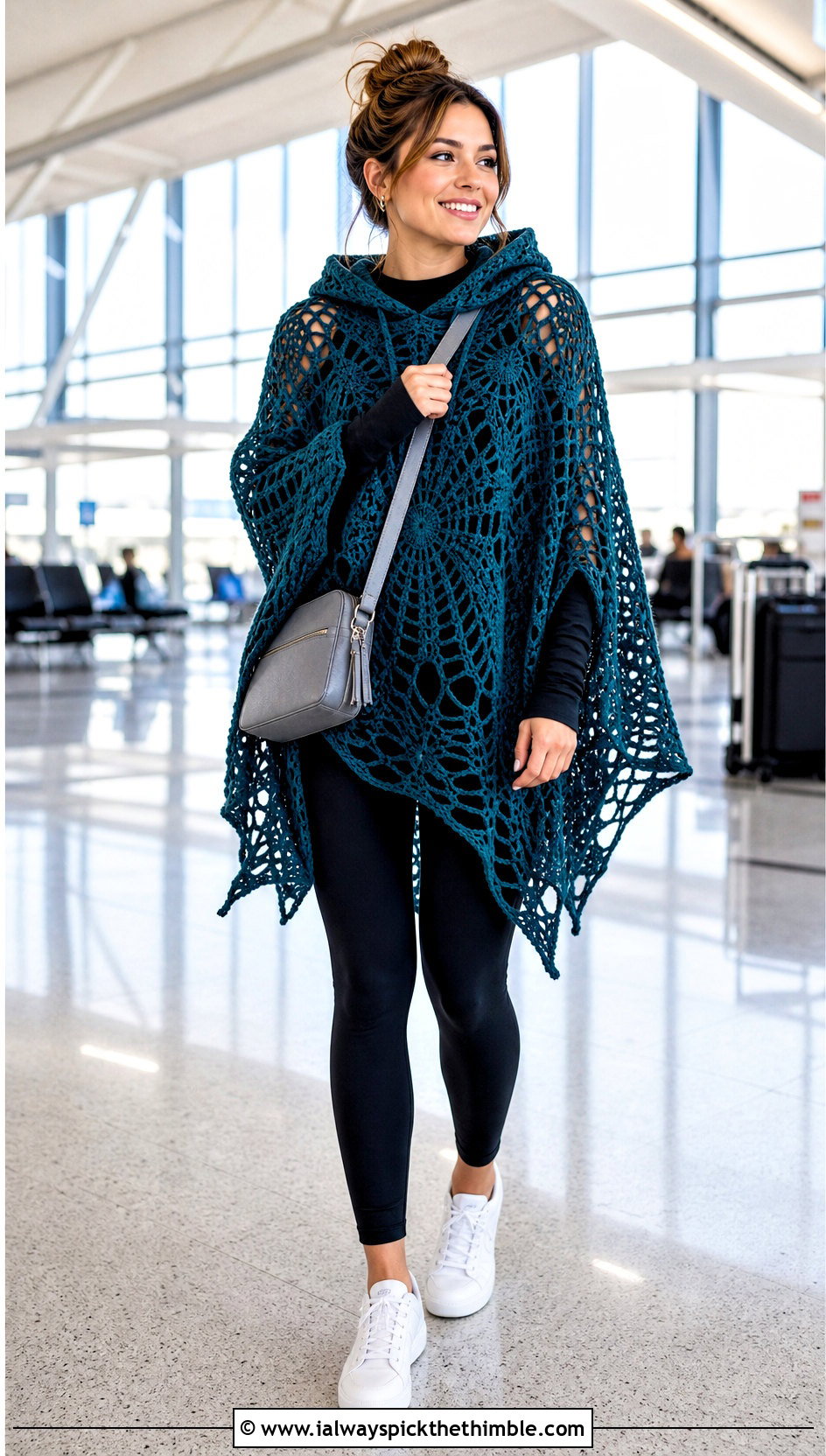 Hooded Spider Web Crochet Poncho With Leggings And Sneakers - 20 Spider Web Crochet Poncho outfit ideas
