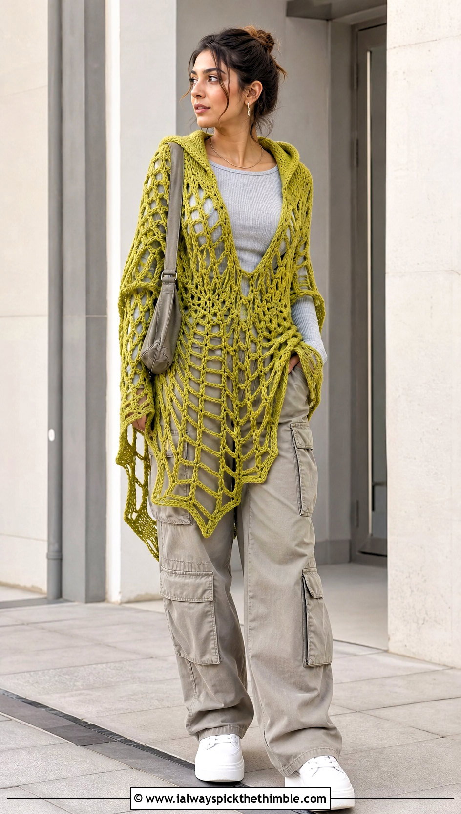 Hooded Spiderweb Crochet Shawl With Cargo Pants - 20 spiderweb crochet shawl outfit ideas